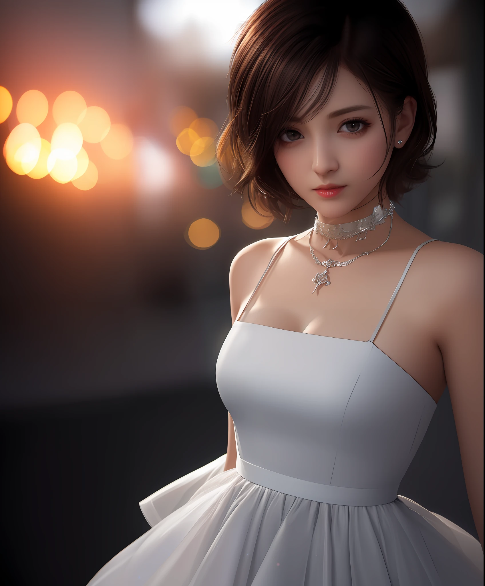 best qualtiy，tmasterpiece，A high resolution，1girl，whiteskirt，with short white hair，choker necklace，jewely，beautiful  face，Physically，realisticlying，dark studio，edge lit，twotonelighting，（highdetailskin：1.2），8k uhd， dslr, softlighting, high high quality, volumettic light, sneak shot, photore, A high resolution, 4k, 8k, Background bokeh,