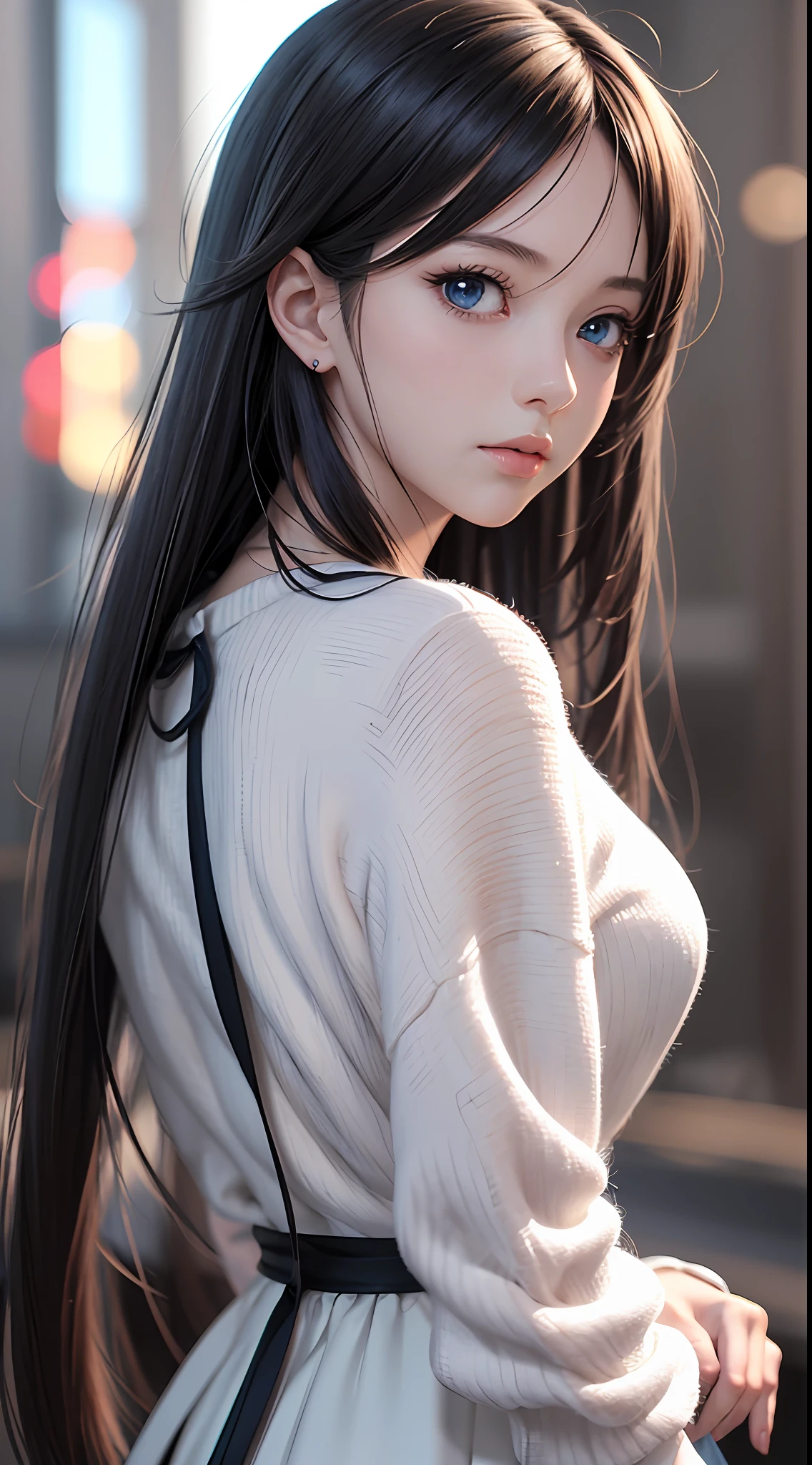 Anime girl with long black hair and blue eyes,Smooth anime CG art,Realistic anime 3 D style,Realistic anime art style,Detailed digital anime art,Digital anime illustration,Realistic anime art style,Kawaii realistic portrait,detailed portrait of an anime girl,a beautiful anime portrait,photorealistic anime girl rendering,Realistic young anime girl, portrait anime girl