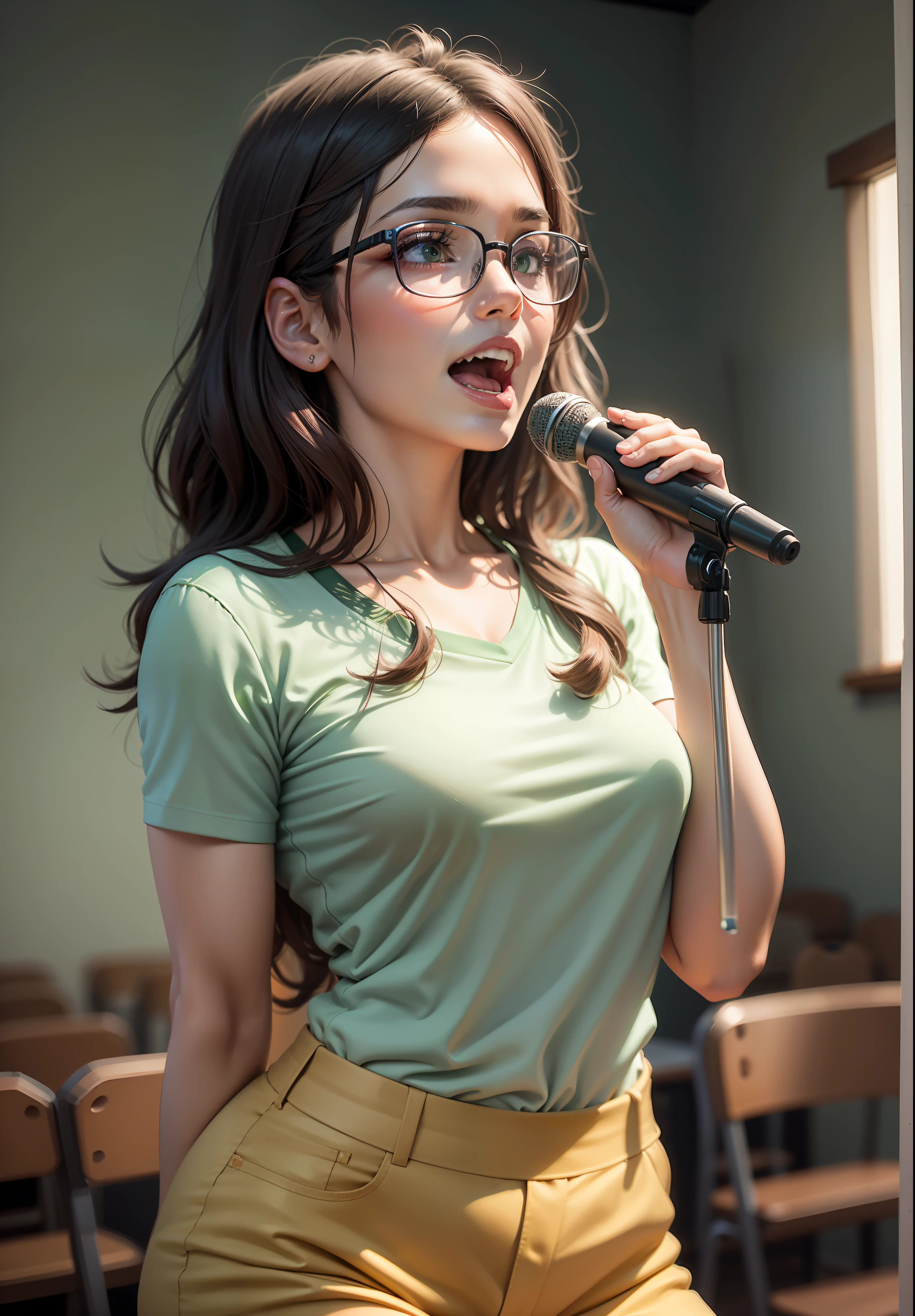mulher latina, muito magra, pele bronzeada,, sorrindo, wearing prescription glasses, camisa branca, saia verde longa, with a microphone in hand singing inside an Adventist church, Pose para foto, Foto de Stock, Directed by: Emma Andijewska, Directed by: Jakob Gauermann, igreja, foto de alta qualidade, mid portrait, foto tirada, Fotografe o conjunto, high resolution photo, Religion, amizade, muito expressivo, Anime realista, desenhado, 4k
