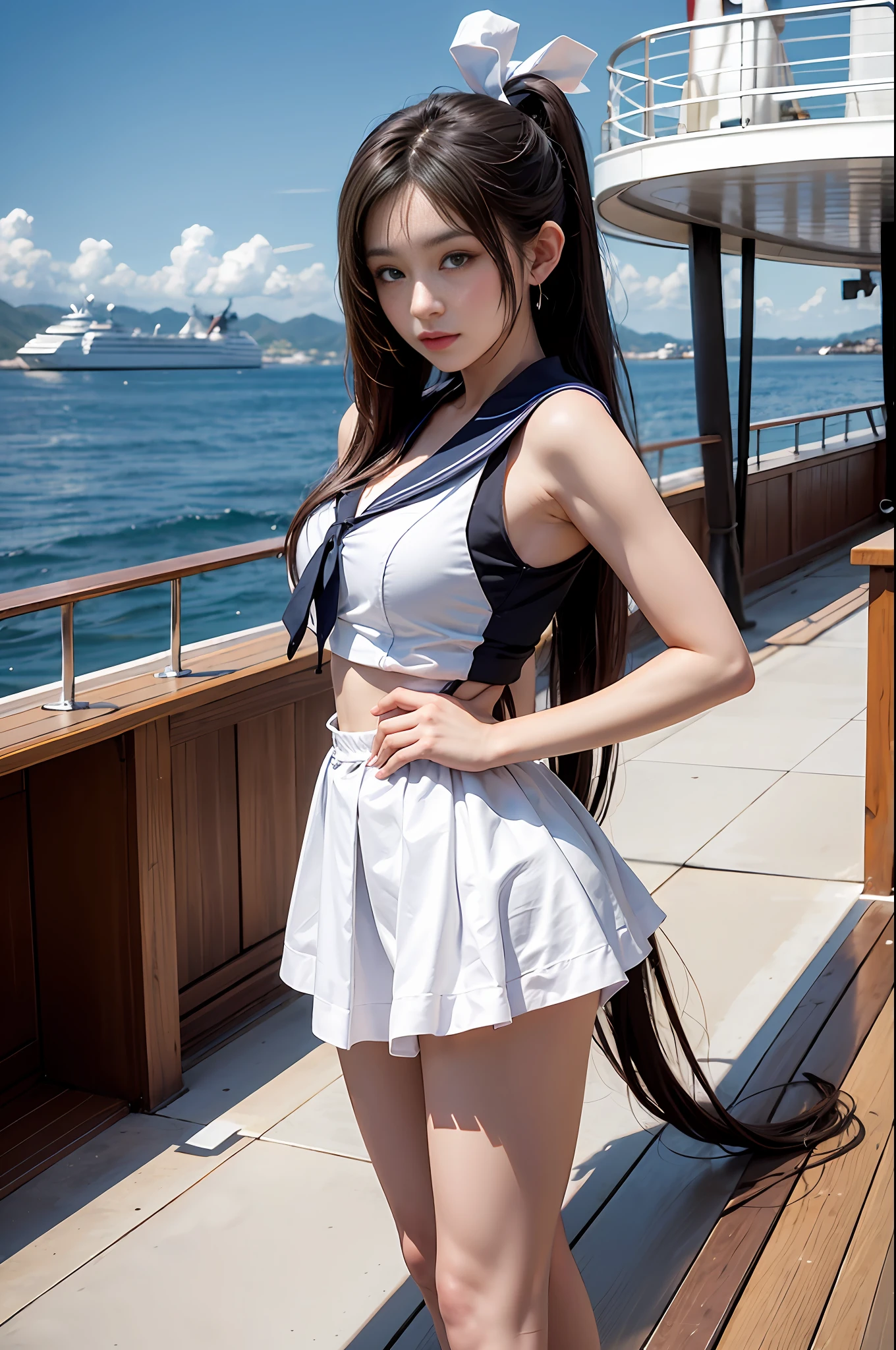 On the deck of a luxury cruise ship,mast,buoy,Pose for photos in loose blue and white sailor suits and short skirts,Slim girl model,ff Tifa,24 years old female model,double-ponytail,Unilateral bangs,