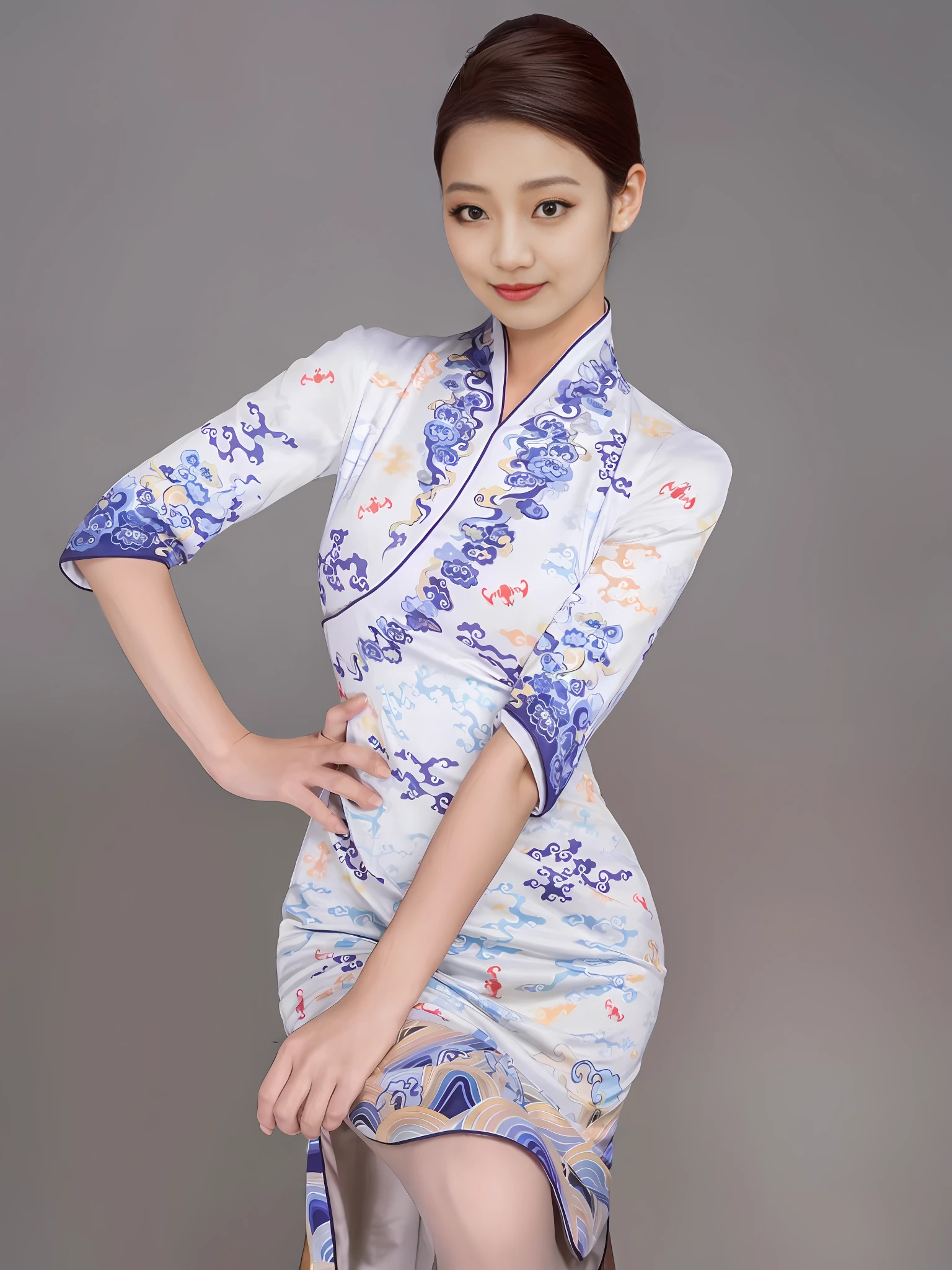 arafed asian woman in a blue and white dress posing for a picture, Cheongsam, Chinese dress, wearing a blue qipao dress, Traditional Chinese clothing, in a blue qipao, with acient chinese clothes, Chinese costume, Chinese style, Chinese traditional, wearing ornate silk clothes, intricate silk clothing, gorgeous chinese models, Chinese girl, Traditional clothing