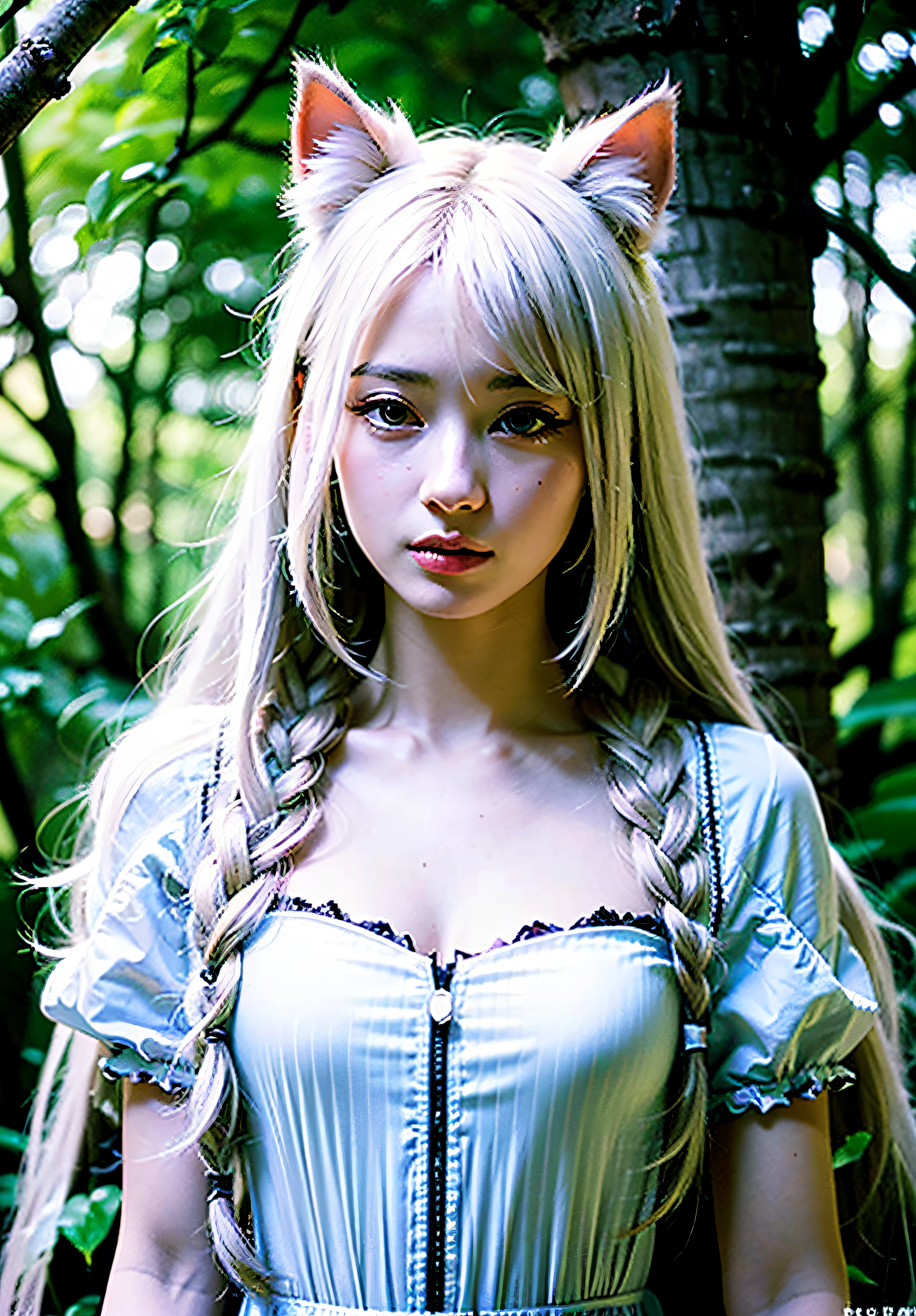 The highest image quality、Exceptional detail、超A high resolution、(真实感:1.4)、The best illustrations、Favor the details、Highly condensed 1girl、delicate and beautiful face、bright white hair、Braids、White lashes、Cat's ears、Fluffy long dress with white ruffles、in woods、cosplayer
