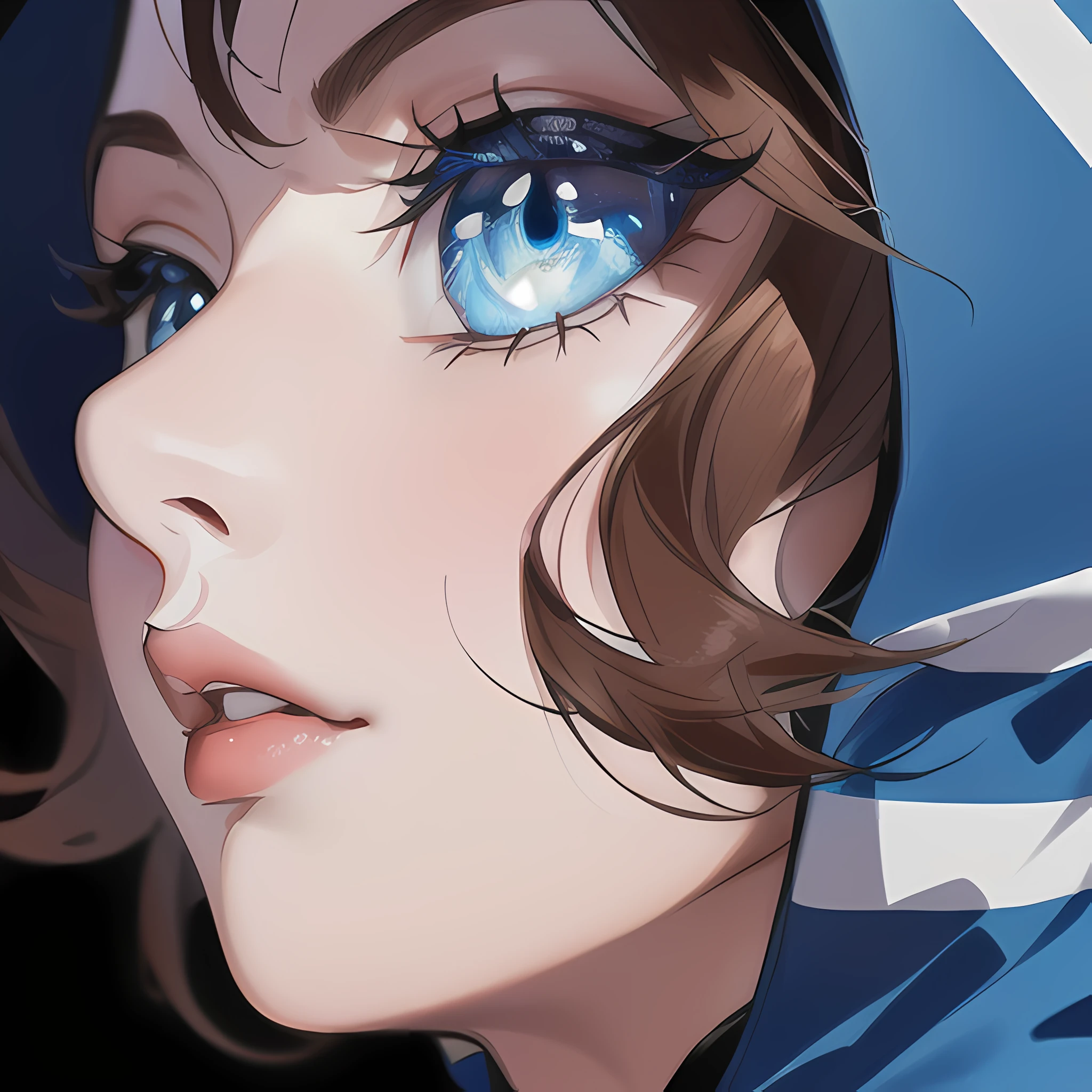 ((close up portrait of middled age woman with a hood on & with big huge giant blue eyes & tiny nose & closed full lips!!!:1.5)), she is looking at the camera & her expression is solemn, colorfull anime portait, colorfull anime profile, solemn expression, mysterious portrait of a woman, inspired by Naruto anime series, myself, mysterious portrait, mysterious eerie portrait, night!!! (((masterpiece))), (((best quality))), ((ultra-detailed)), (highly detailed anime illustration), ((an extremely delicate and beautiful)),(from side),cinematic light,((1anime woman)),solo, black background, extreme detailed,colorful,highest detailed
