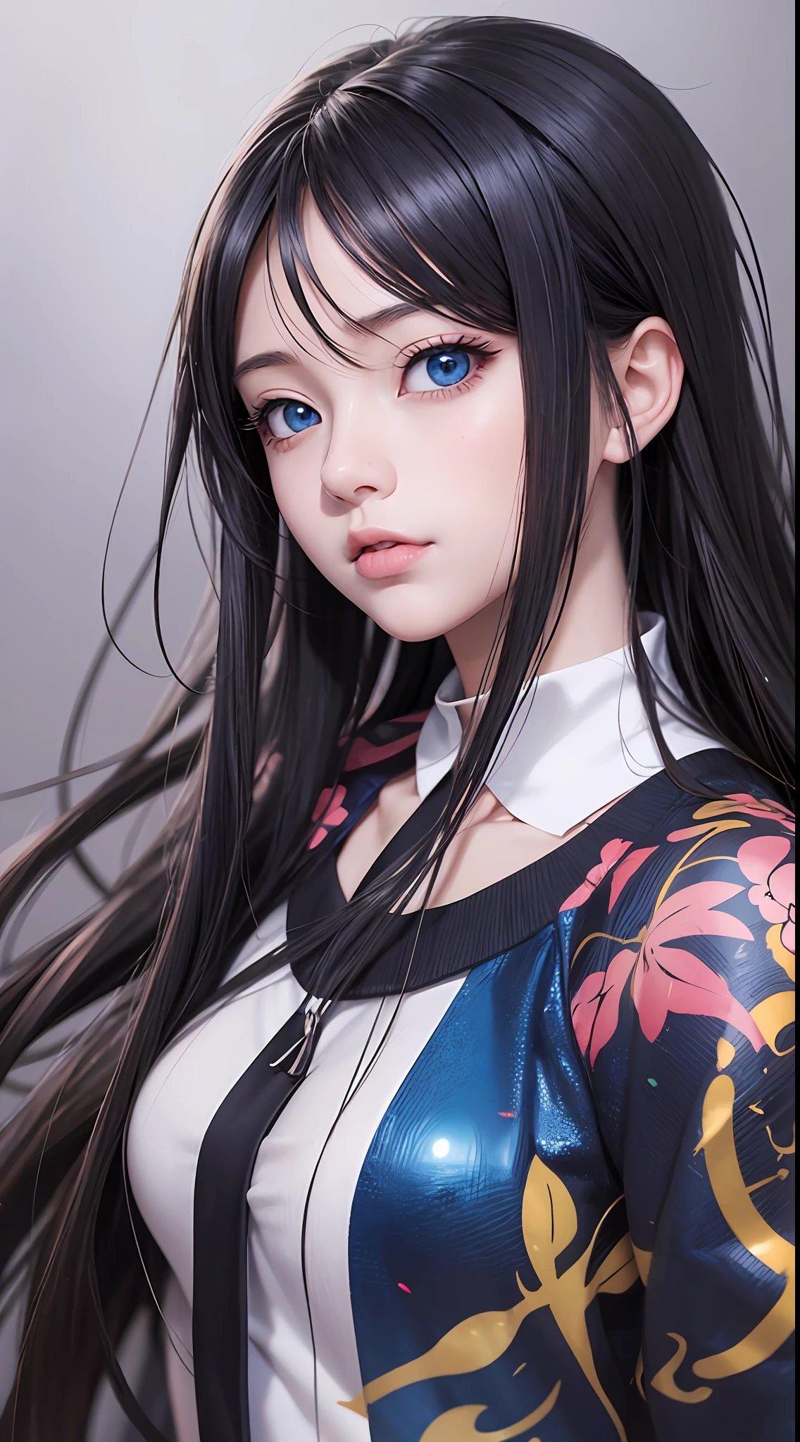 Anime girl with long black hair and blue eyes,Smooth anime CG art,Realistic anime 3 D style,Realistic anime art style,Detailed digital anime art,Digital anime illustration,Realistic anime art style,Kawaii realistic portrait,detailed portrait of an anime girl,a beautiful anime portrait,photorealistic anime girl rendering,Realistic young anime girl, portrait anime girl