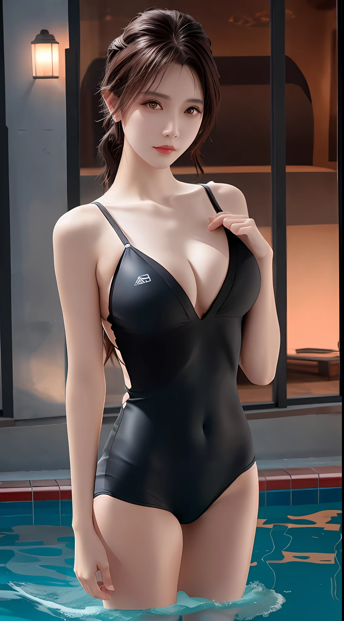 top-quality, masterpiece, 1girl in, beautiful countenance, (photographrealistic:1.3), Rim lighting, (High Detail Skins:1.2), 8K UHD, Digital SLR, hightquality, hight resolution, 4K, 8K, bokeh dof, absurderes, best ratio four finger and one thumb, (realisitic:1.3), pretty 1girl, swim wears、a blond
