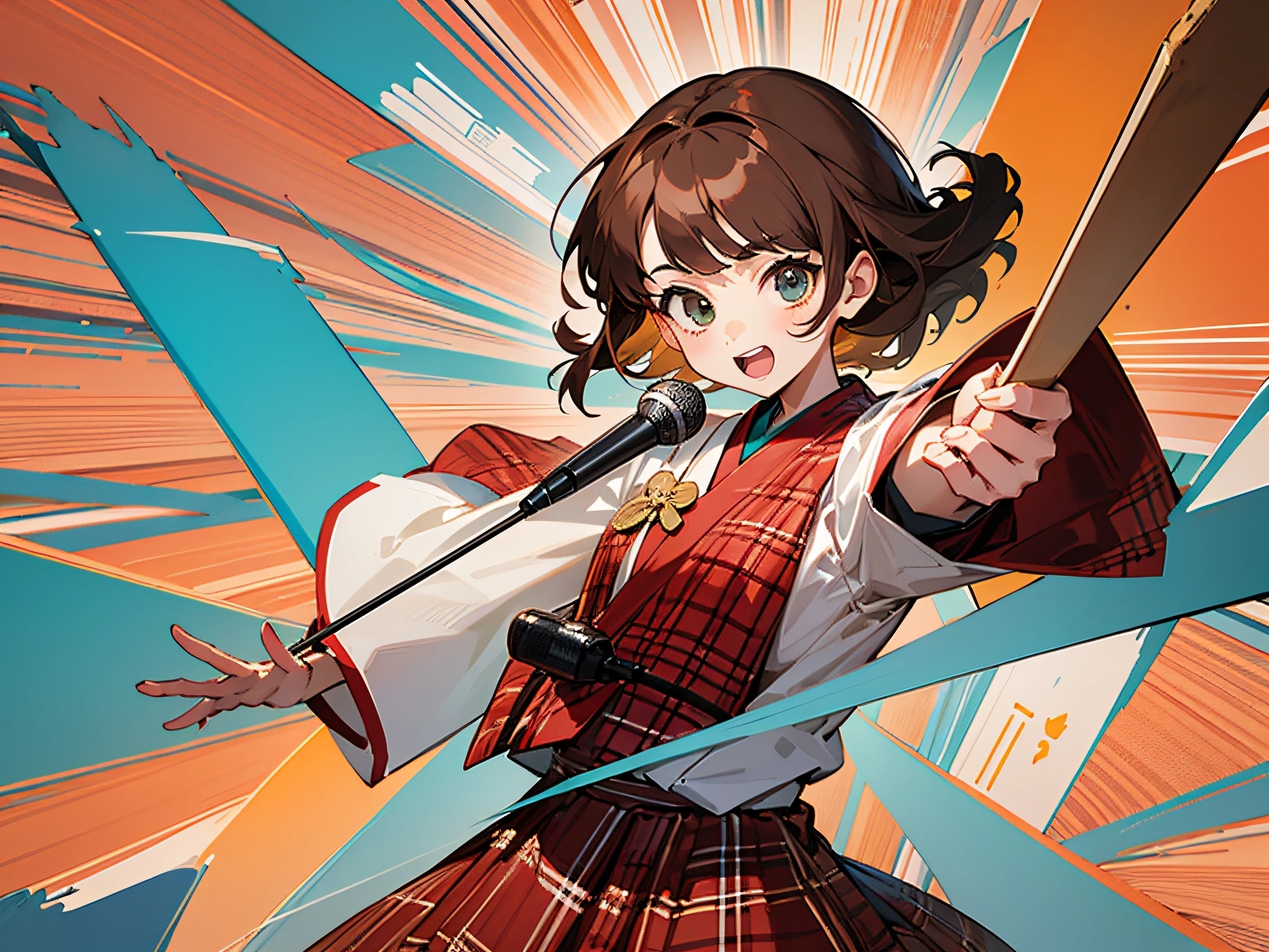 ((巨作)),(((Best picture quality))), （Lateral face, Character design sheets on both the front and back), Illustration of a 6 year old girl, Brown hair color and bangs hairstyle,Energetic and eyes, hairstyle fax，red plaid skirt，校服，Hold the microphone in your hand