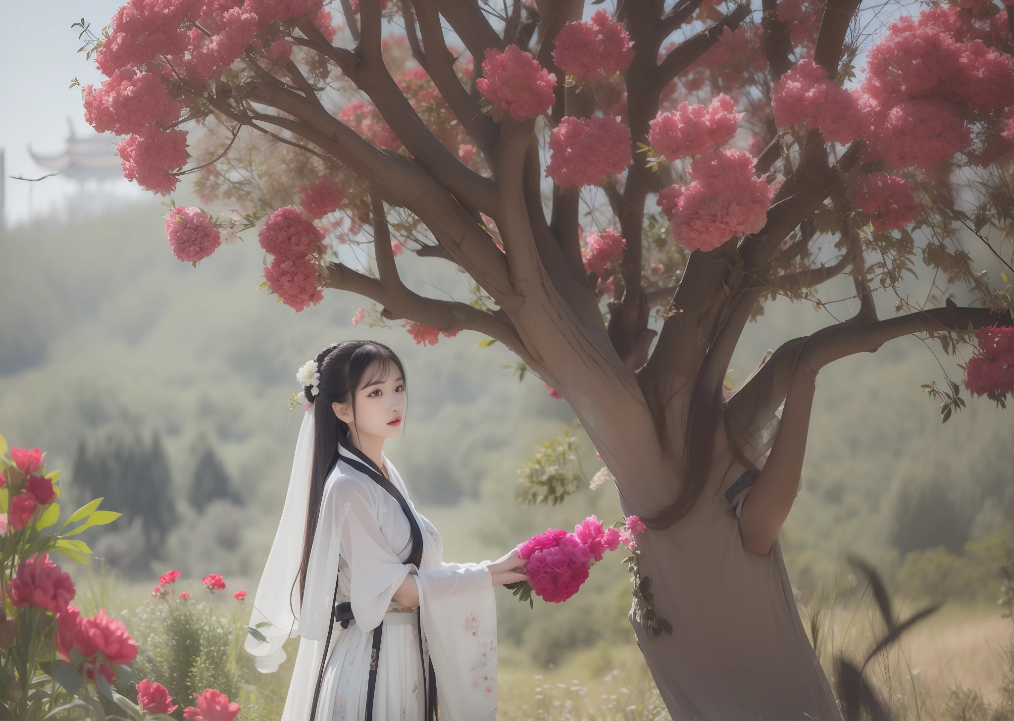 An Alate woman in traditional dress holds a bouquet of flowers, Palace , A girl in Hanfu, Hanfu, White Hanfu, Middle metaverse, Chinese style, By Leng Mei, with acient chinese clothes, shaxi, Chinese fantasy, author:Yu Zheding, 🌺 CGSesociety, China Princess, Guviz