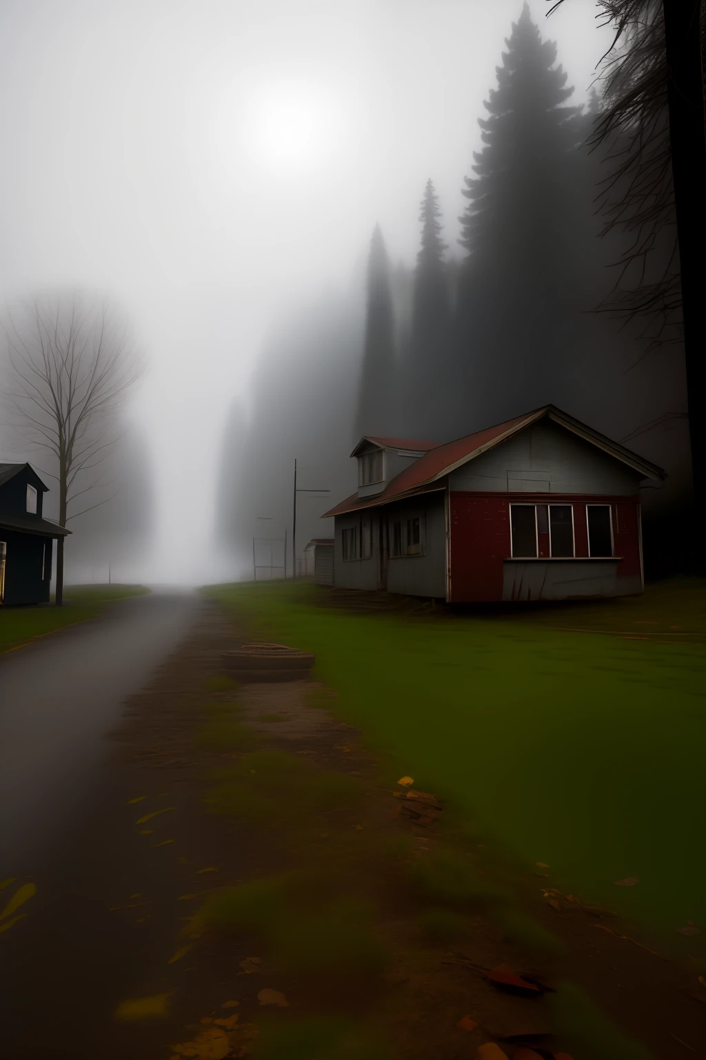 Generate a professional 8K photograph that captures the disturbing essence of Silent Hill in Centralia. Add a dense mist and elements of rust and decay to create an oppressive atmosphere. Use distorted camera angles and unusual framing to convey the sense of disorientation and terror characteristic of the Silent Hill universe. Looking at a specific house