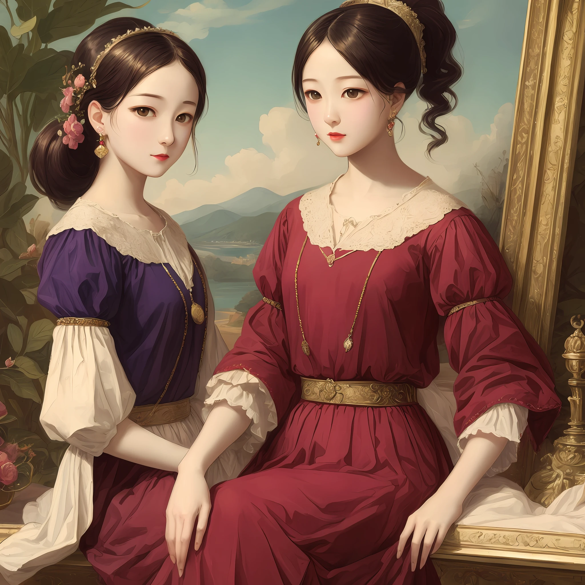 (Antique painting style+Premium image quality),schoolgirls,High ponytail,long purple skirt, The temperament is elegant,Small round face,The lip color is dark red。Please show it with a handsome attitude。 --auto