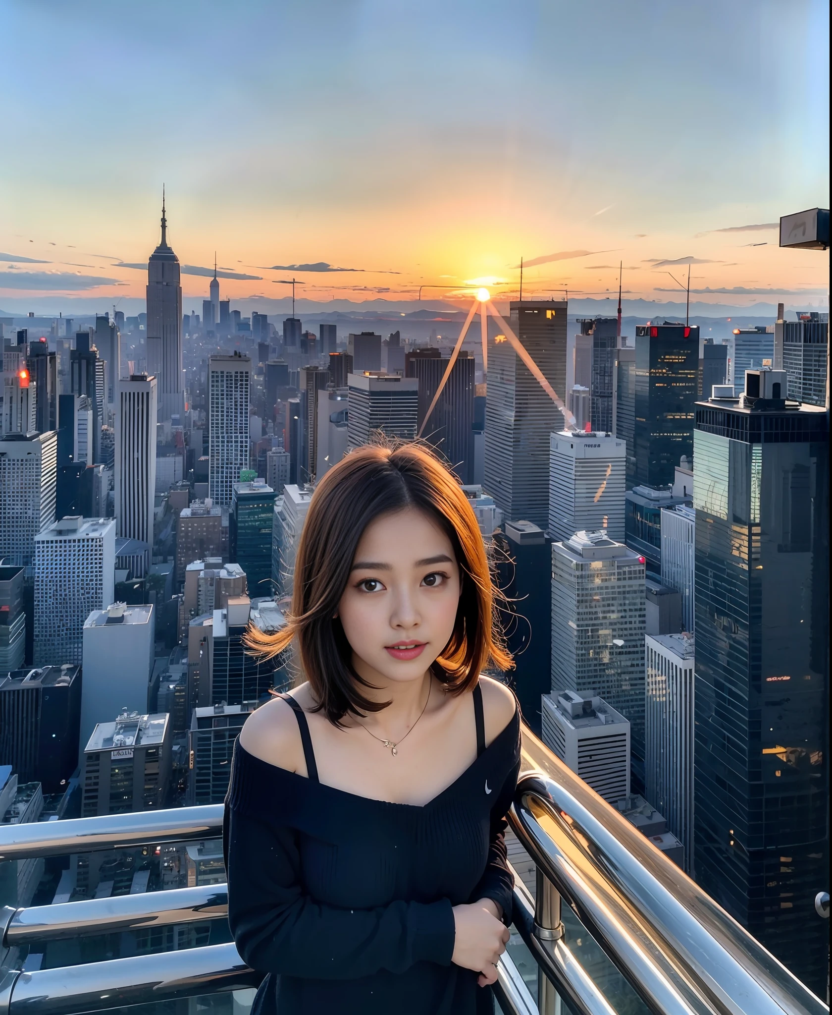 (​masterpiece), top-quality, 超A high resolution,Japan age girls, Cyberpunk Stunning cityscape,Japan girl standing on rooftop ,parka,Scorching sun, extra very short hair, off shoulders, feathers hair ornament, neon color, flushed, Stunning daytime sky, 电影灯光, Photorealsitic, real looking skin, nffsw,