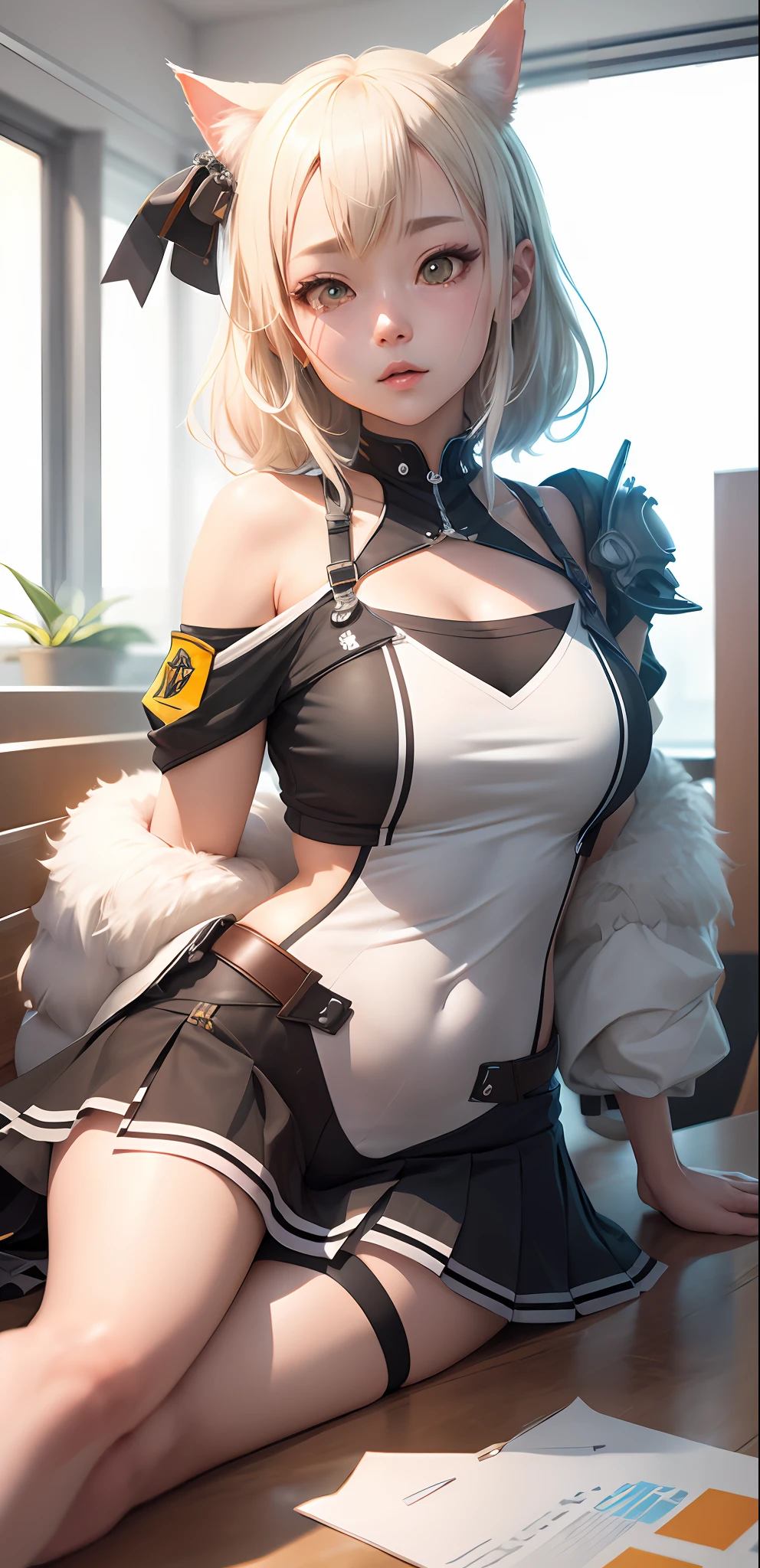 Cat-eared anime girl sitting at table,There is a cat on the shoulder, from girls frontline, Splash art anime Loli, Fine details. Girl front, Best anime 4k konachan wallpaper, From Arknights, Pisif 3DCG, highly detailed exquisite fanart, Kawasi, Highest rated on Pisif, Pisif, trending on artstation pixiv(HighDynamicRange),Ray traching,Subsurface scattering、PBR Texture、post-proces、Anisotropy Filtering、depth of fields、maximum definition and sharpness、Many-Layer Textures、Albedo e mapas Speculares、Surface Coloring、Accurate simulation of light-material interactions、perfectly proportions、Octane Render、Two-colored light、largeaperture、Low ISO、White balance、the rule of thirds、8K RAW、