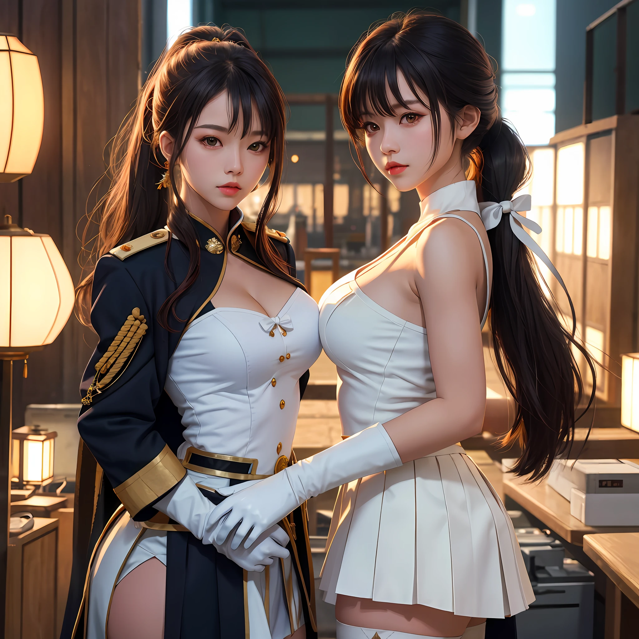1个Giant Breast Girl，cabelos preto e longos，Qi bangs，Long ponytail，White bow hairpin，red pupils，beauitful face，crisp breasts，Convex buttocks，White military uniform，Double-breasted gold-tone clasp，White pleated skirt，Black stockings，White gloves，Japanese katana in hand，beachside，Naval warships，perfectly proportioned, Cinematic lighting, filmgrain, Fuji colors, lightand shade contrast, 8K, 巨作, Textured skin, Super detail, high detal, High quality, A high resolution,