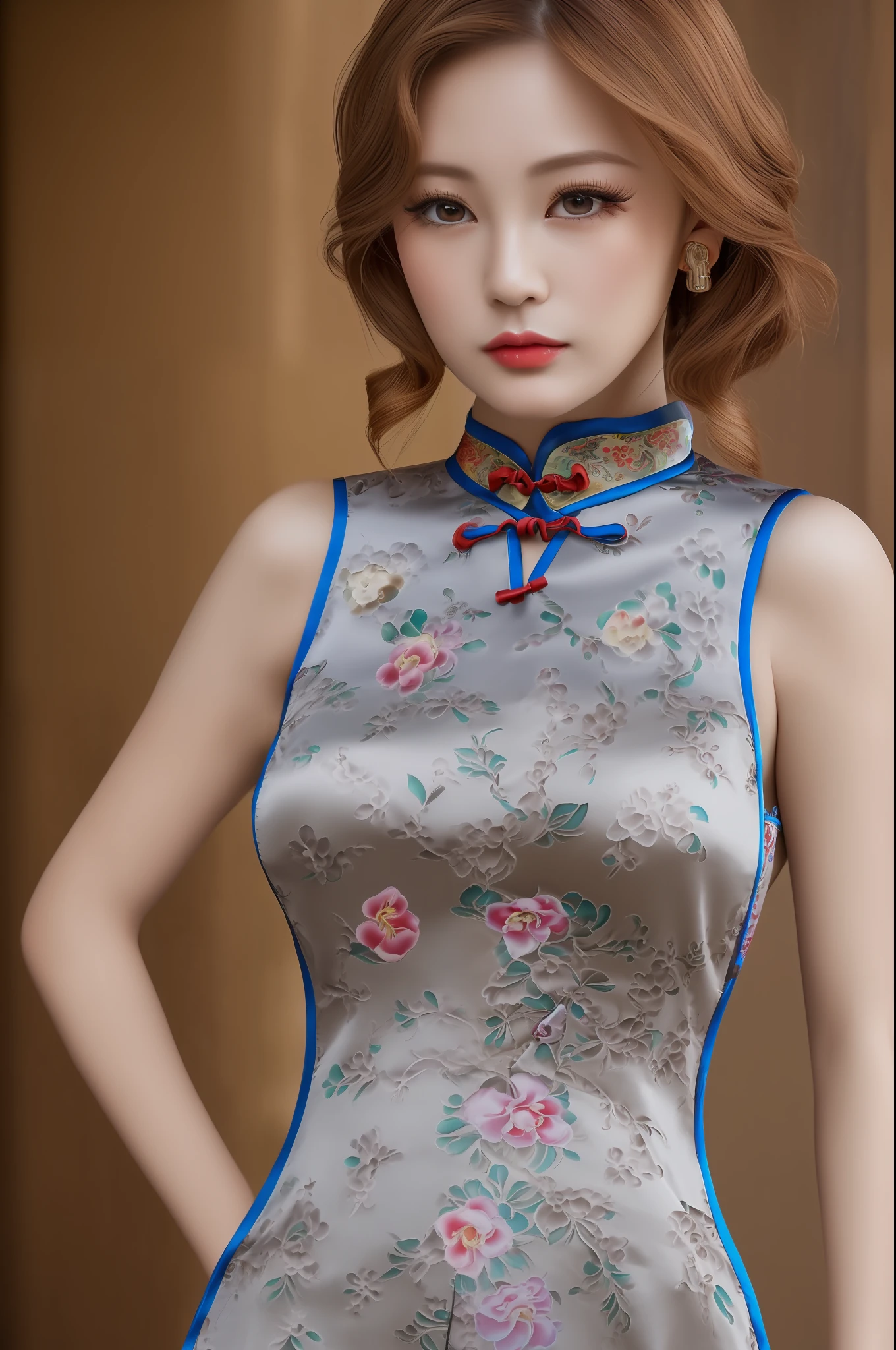 (1girl, solo:2.0), (beautiful cute Chinese girl, cute JAV idol), (anatomically correct:1.9), (full body, standing:1.9), (sexy lingerie Cheongsam Qipao:1.9), (no bra, braless:2.0), (slender abs:1.5), (detailed realistic skin:1.3), (detailed realistic caramel hair:1.7), (beautiful realistic hairstyle:1.3), (beautiful detailed realistic face:1.9), (realistic eyes:1.5), (extremely detailed realistic eyes:1.5), (perfect eyes:1.5), (extremely detailed realistic pupils:1.5), (extremely detailed realistic eyelashes:1.3), (detailed beautiful realistic little lips:1.5), (closed mouth:1.3), (realistic big breasts:1.7), (masterpiece:1.2), (best quality:1.2), (realistic:1.5), photography, Nikon, 85mm, 8k, sharp focus, high resolution, ultra-detailed, zoom out, bokeh,