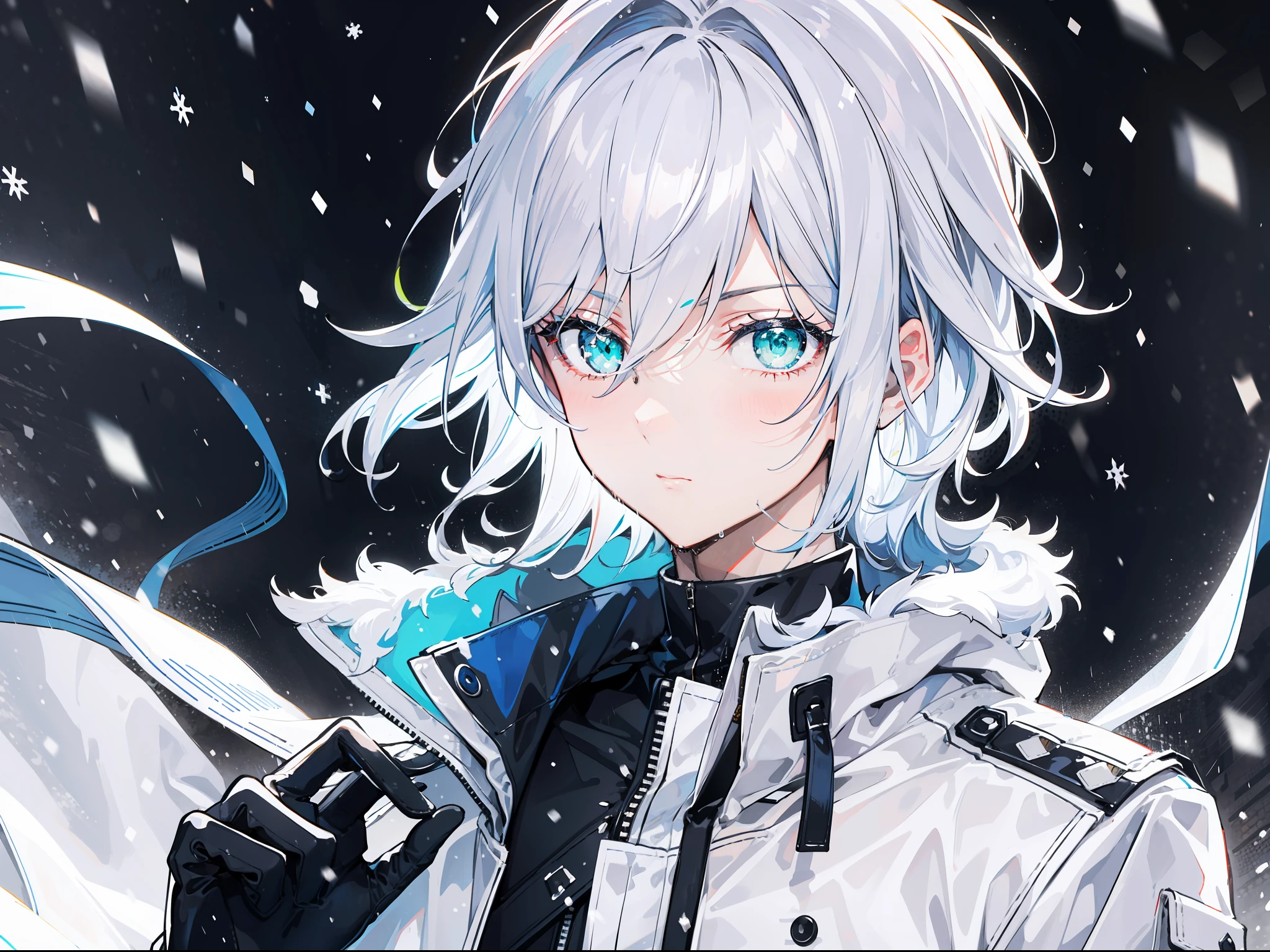 "Calm raining snow atmosphere, stunning 4k artwork featuring a confident handsome male short modern style hair. His eyes glowing green. he was wearing a white snow modern coat and gloves, portrait"