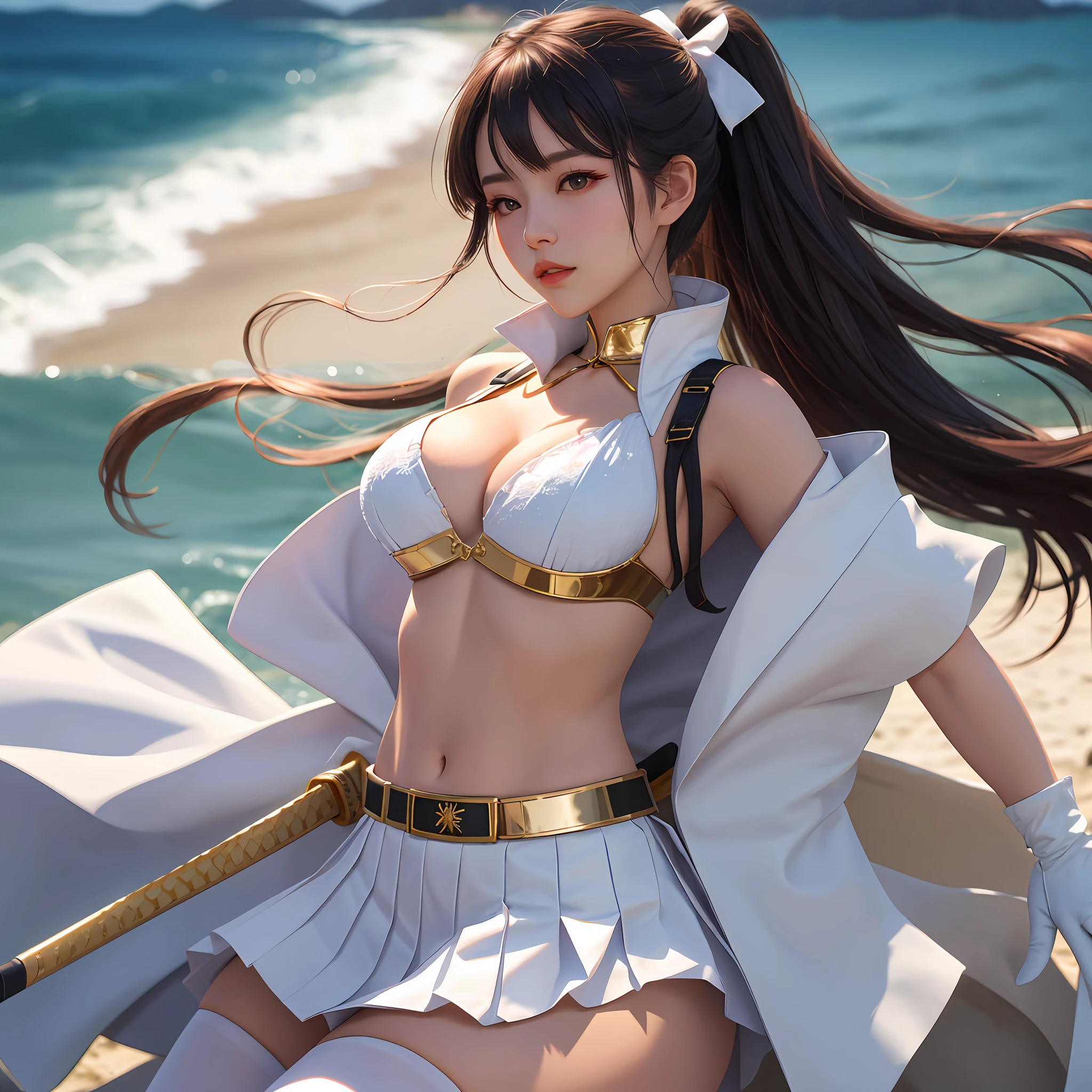 1个Giant Breast Girl，cabelos preto e longos，Qi bangs，Long ponytail，White bow hairpin，red pupils，beauitful face，crisp breasts，Convex buttocks，White military uniform，Double-breasted gold-tone clasp，White pleated skirt，Black stockings，White gloves，Japanese katana in hand，beachside，Naval warships，perfectly proportioned, Cinematic lighting, filmgrain, Fuji colors, lightand shade contrast, 8K, 巨作, Textured skin, Super detail, high detal, High quality, A high resolution,