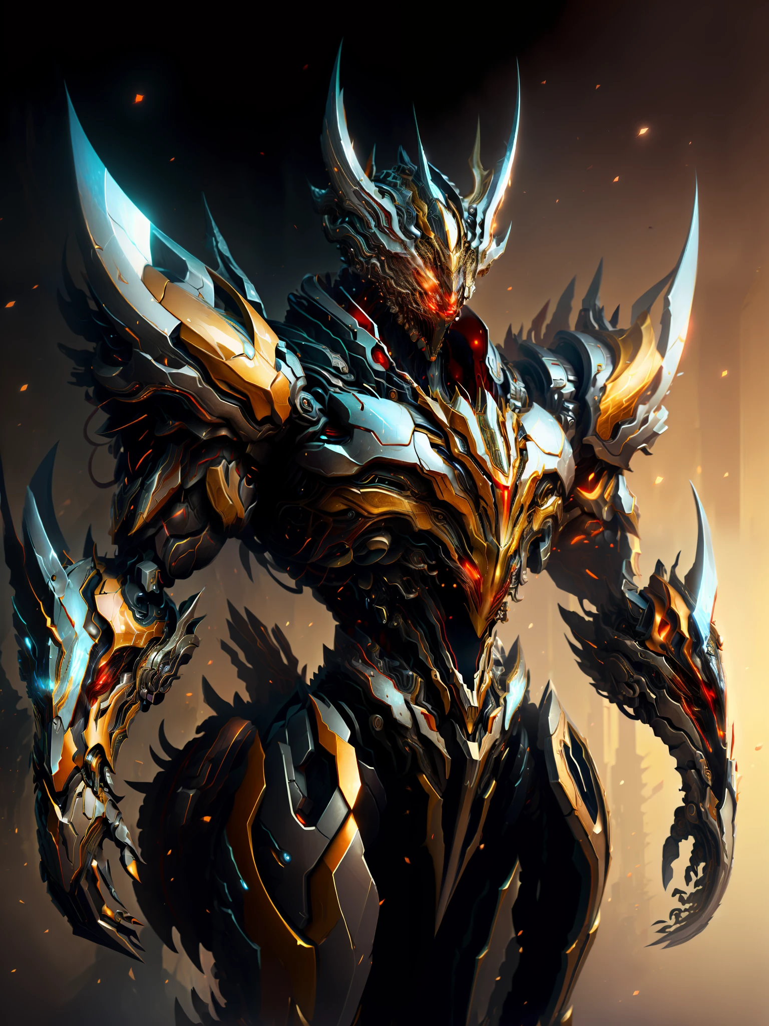 (masterpiece:1.2), best quality, high resolution, unity 8k wallpaper, (illustration:1.0), beautiful detailed, extremely detailed, perfect lighting, extremely detailed CG,glowing eyes,
Mech,armor,full_armor,warframe,horns, fake horns, red eyes, global ray tracing,
looking at the viewer,solo,perspective, Red
