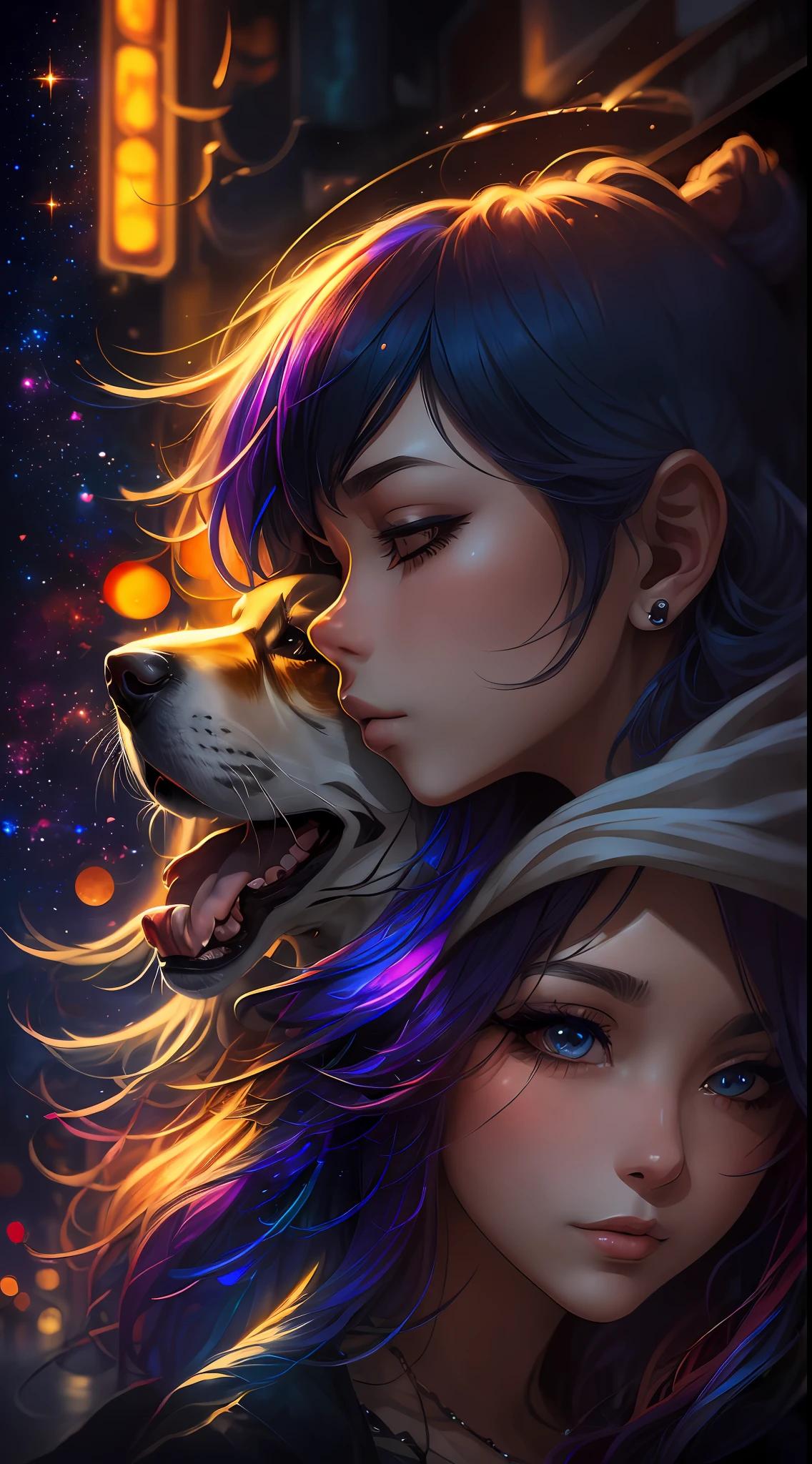 (masterpiece, high quality, highres,illustration), 1girl, galaxy multicolored hair in New york city playing with a dog at night with orange fog, cybercity, high detailed dog face,