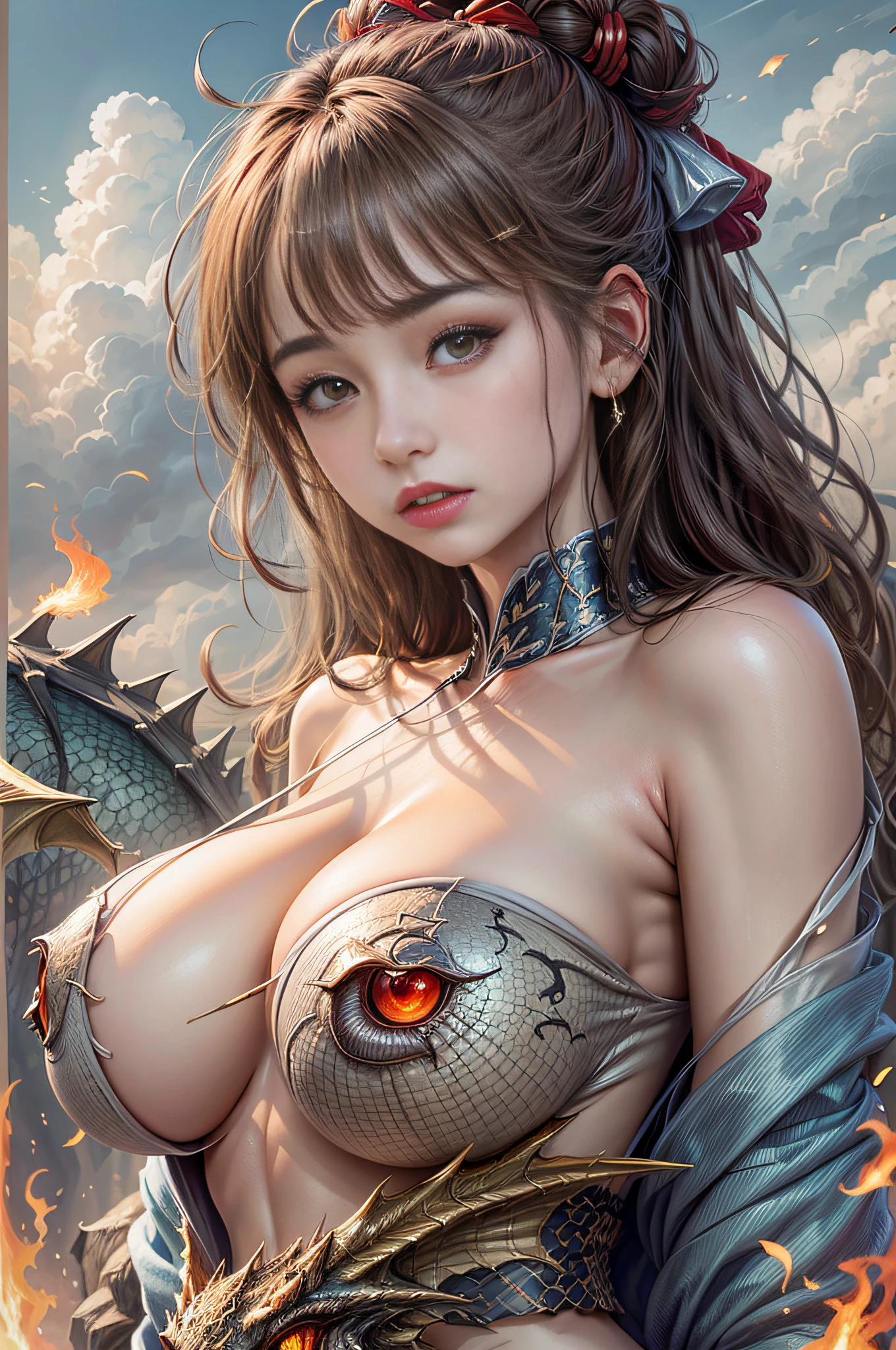 masterpiece, (best quality:1.4), Realistic, extremely detailed CG unified 8k wallpaper, Extremely detailled, High-definition raw color photos, professional photograpy, Realistic portrait, Cinematic Light, Beautiful detailed, 1girl in, (Naked:1.5), Beautiful big breasts, breasts details, Exposed breasts, (cleavage of the breast:1.2), Short ponytail, (Fine face:1.2), Long hair, Close up portrait of a girl in a completely transparent kimono with wide open front, Bare shoulders, (completely transparent kimono with wide open chest:1.4), open chest wide, undress、Beautiful kimono with the image of a dragon, No bra, No panties, (cameltoe details), (with super huge dragon), (super huge and fierce dragon in the background:1.2), Black Dragon, details of the dragon, ((Innumerable sparkling jewels, Myriad shining jewels)), Fantasy Art, Outdoors, highly complex details, Intricately intertwined, fluttering in the sky, overlooking the clouds, rising flames, a desperate situation of crisis, transcendence realism,