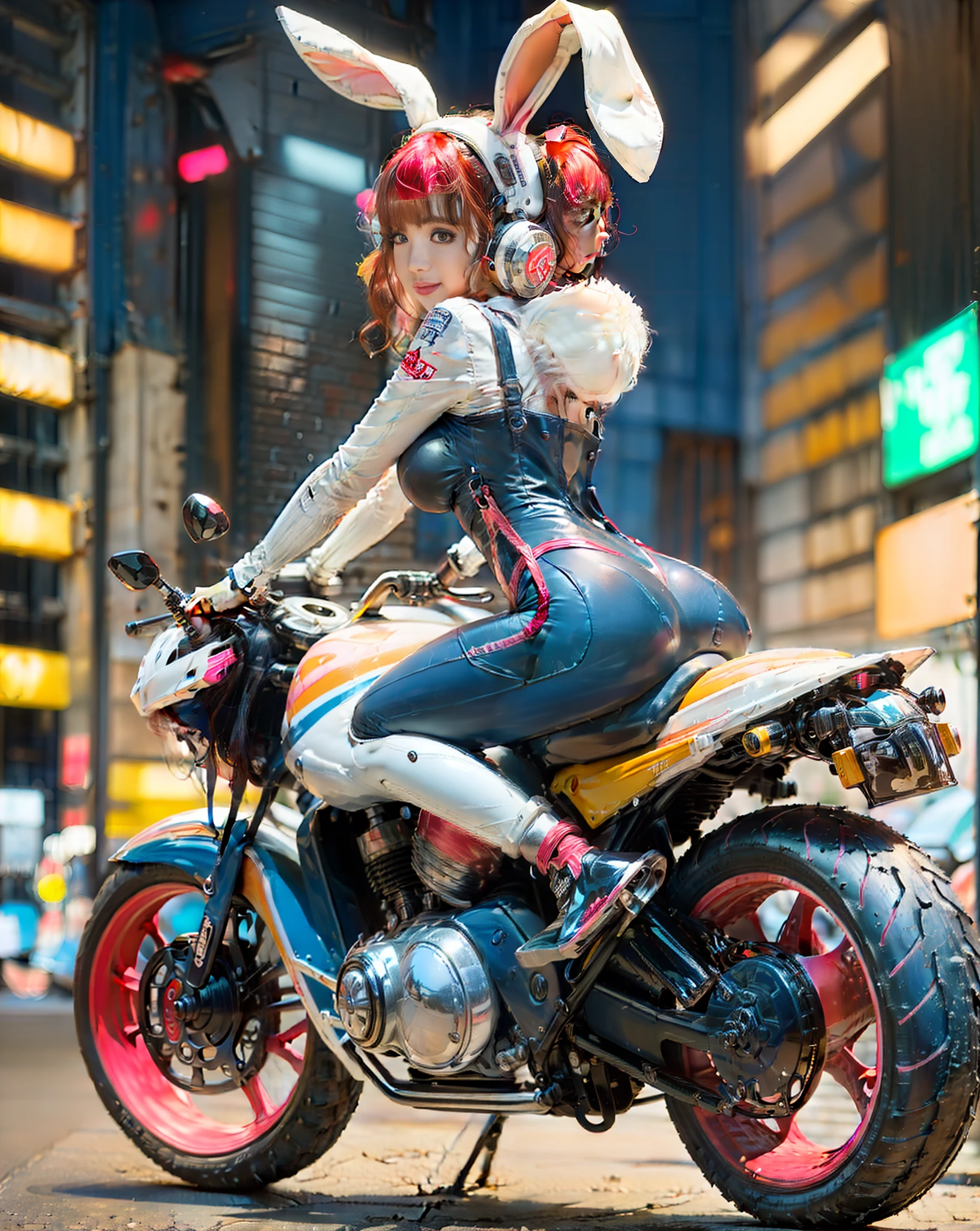 ((High- sharpness)), ((Mechanical style)), ((high-angle)), ((Dark blue/Crimson/Pink big breasts)Hairstyles:1.3+(white colors)Hairstyles:1.2), ((rabbitears)), ((Suspenders)), ((tightsuit)), ((Orange light and shadow)), ((City skyscraper at night)), ((Canopy covering))，A beautiful woman riding on a mechanical motorcycle。