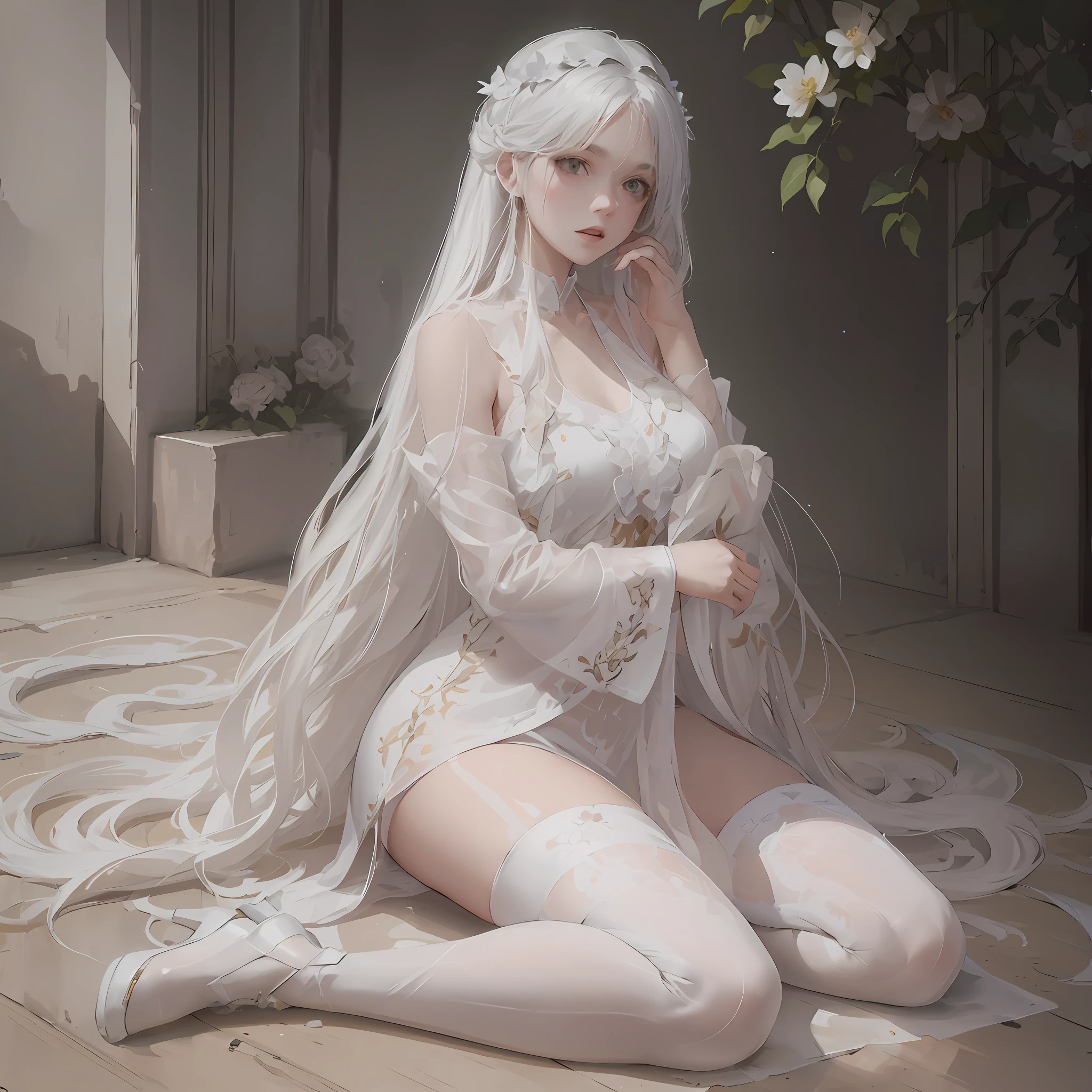 There was a woman sitting on the floor，Dressed in white with long white hair,White high heels
