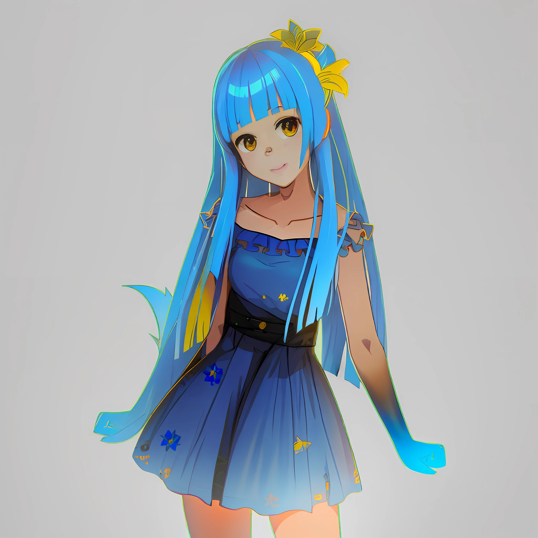 Menina anime com cabelo azul longo e vestido amarelo, Cute anime waifu in a nice dress, Loli no vestido, anime moe artstyle, estilo anime. 8k, render de uma menina anime bonito, anime vtuber modelo de corpo inteiro, feito com anime painter studio, modelo live2d youtuber virtual, anime estilizado, anime estilo, 2 small horns on the head, asas de anjo azul