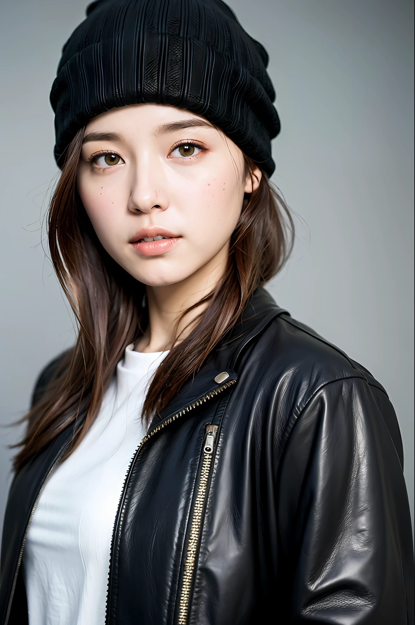 (
(8k:1.27), best quality, masterpiece, ultra highres:1.2) Photo of Pretty Japanese woman
(beautiful:1.1) (sci-fi warrior woman:1.1) space soldier, (beanie:1.61) (leather jacket:1.21) intricate elegant, fantasy, detailed, ometric by greg rutkowski and alphonse mucha, gradient lighting