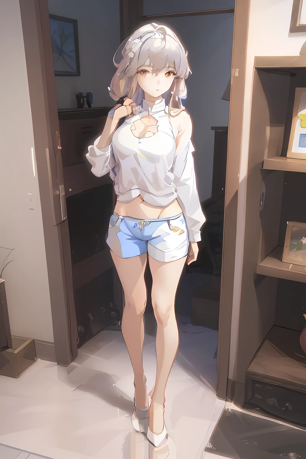 Anime - Stylistic image of a woman in a white shirt and shorts, Full body picture, full body portrait of a short!, full body!!, drawn in anime painter studio, Realistic anime 3 D style, Casual pose, highly detailed whole body, made with anime painter studio, anime full body illustration, full body! Pretty face, pretty face with arms and legs