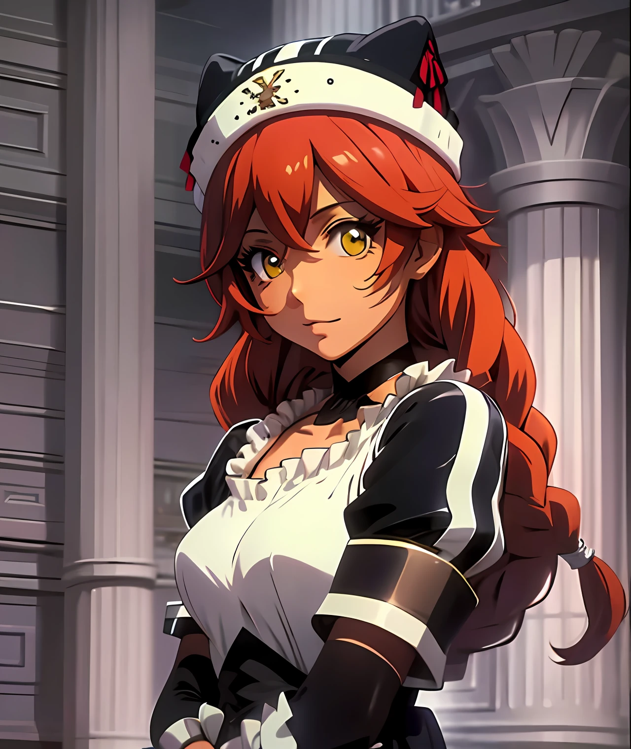 BETA, masterpiece, best quality, high quality, highres, absurdres, 1girl, solo, animal hat, anime coloring, maid, indoors, upper body, puffy short sleeves, black headwear, collarbone, parody, official style, black choker, alternate costume, bridal gauntlets, black dress, white shirt, ess, dress, frills, long sleeves, maid, maid headdress, puffy sleeves, looking at viewer, masterpiece, best quality, high resolution.