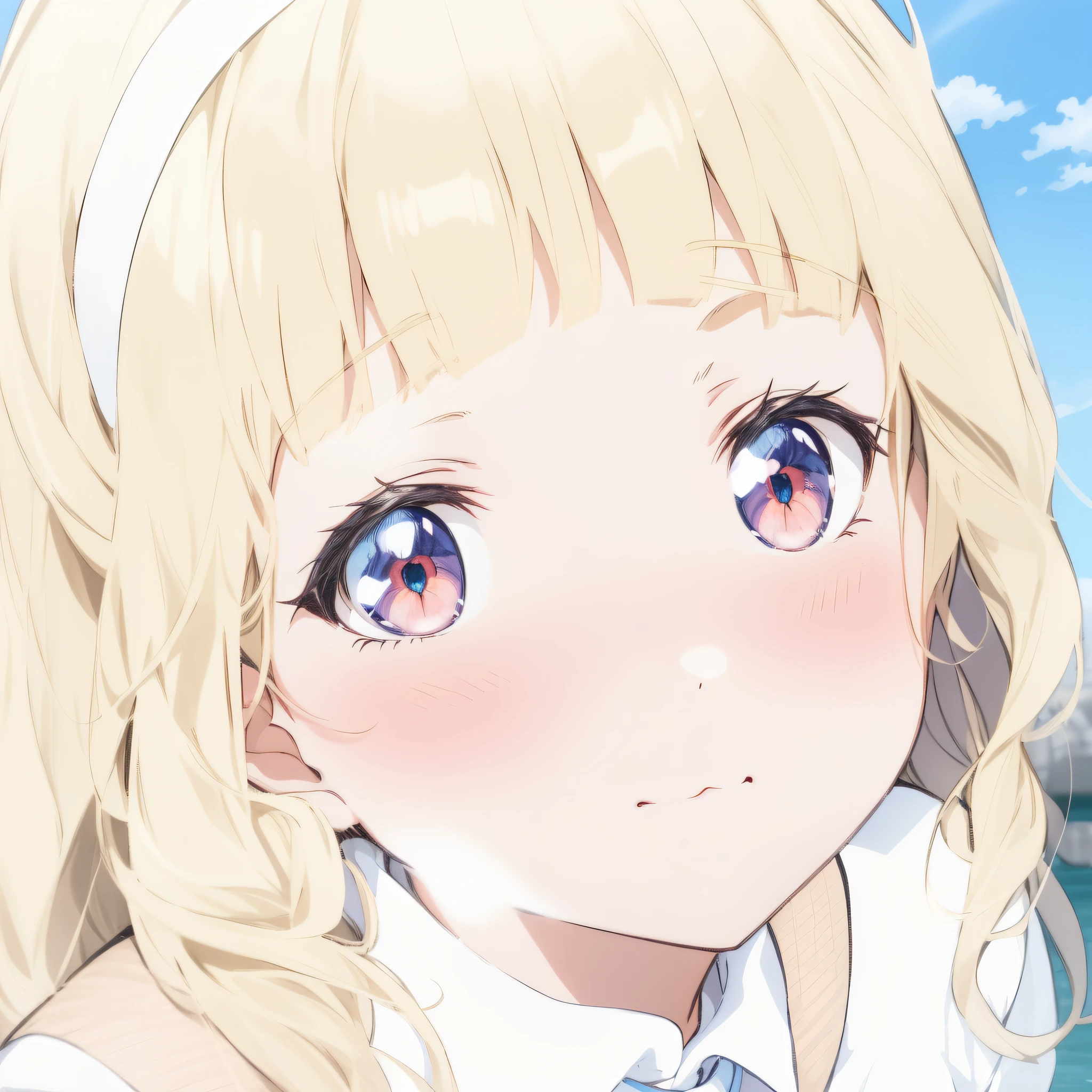 Anime girl with blonde hair and blue eyes looking at camera, anime visual of a cute girl, Cute natural anime face, cute anime face, extremely cute anime girl face, close up of a young anime girl, small curvaceous loli, anime best girl, Loli, shirabii, pretty anime face, shikamimi, Perfect anime face