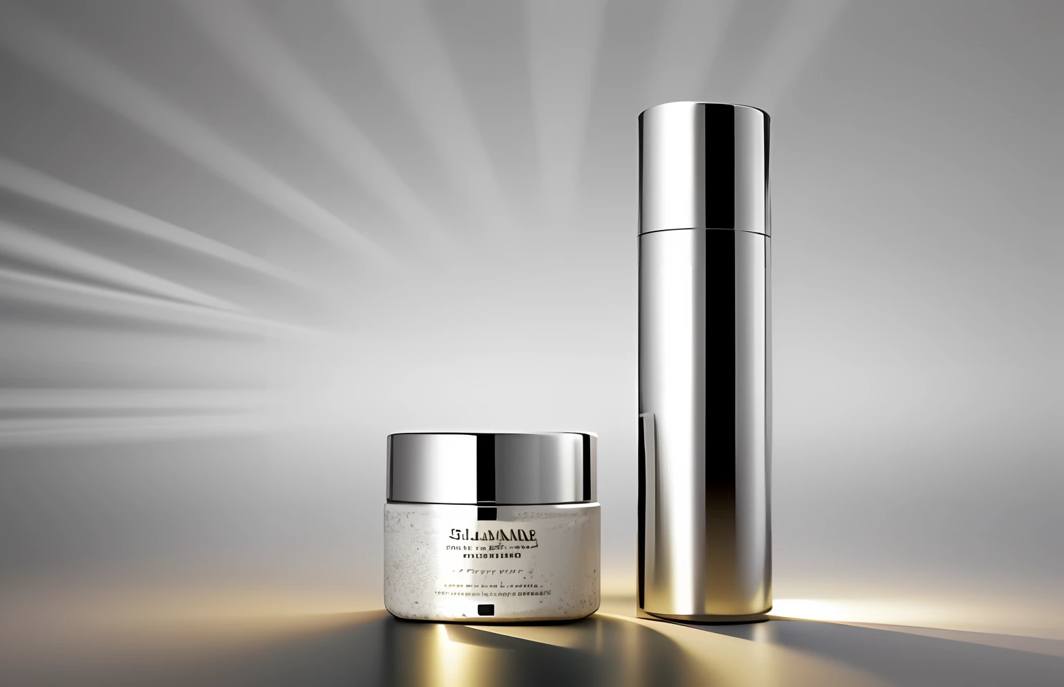 Two bottles of cream were placed on the table, dramatic product lighting, high quality topical render, Has a beautiful volumetric light, 3 d render even lit, well lit 3 d render, glowing with silver light, fully rendered light to shadow, 3 d white shiny thick, product lighting, photoreal render, shiny reflective surfaces, smooth light shading