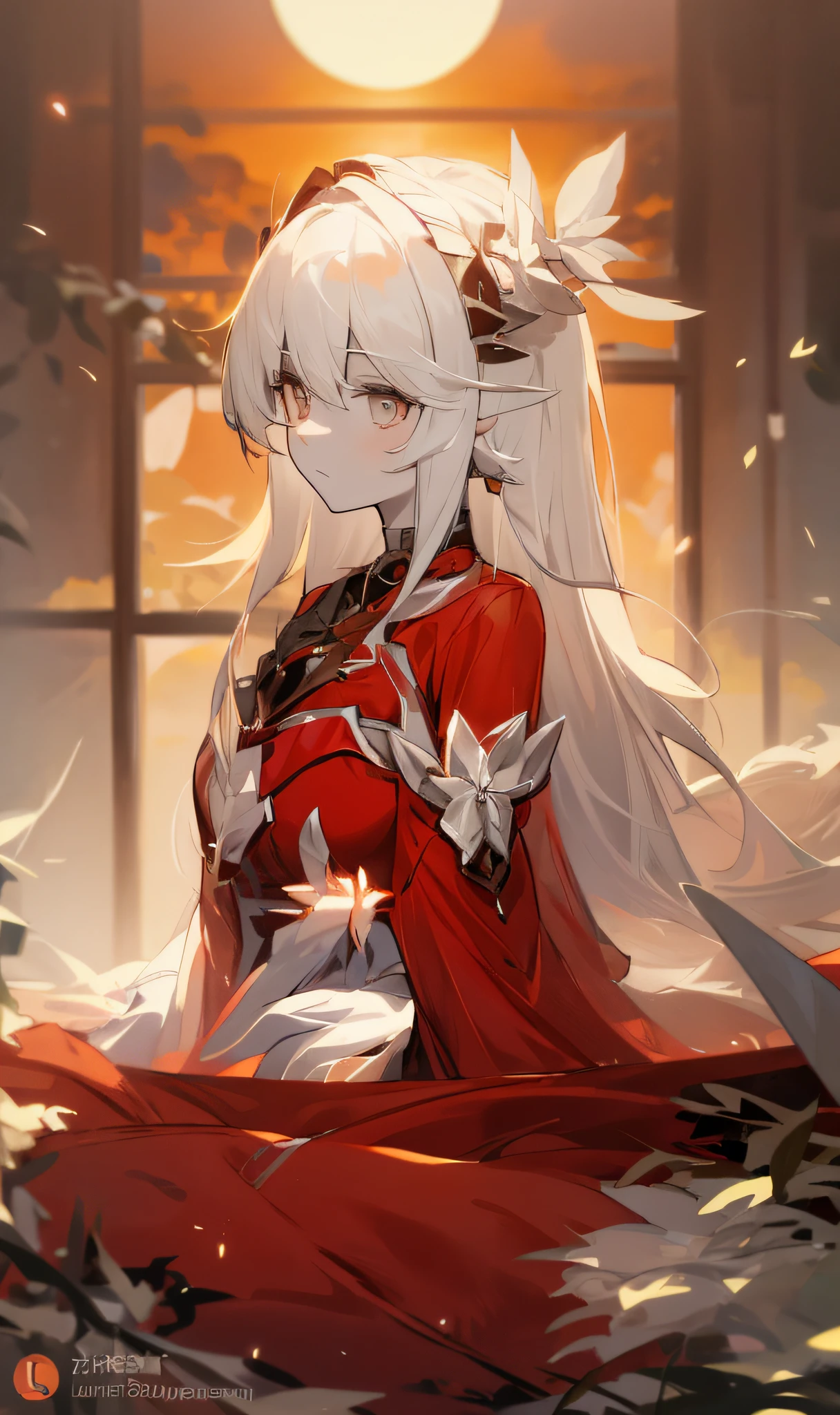 tmasterpiece，best qualtiy，A white-haired girl in a pale red dress sits on the windowsill，Her hands naturally hung on her thighs，She looked at the setting sun，warmly lit，Blurred foreground