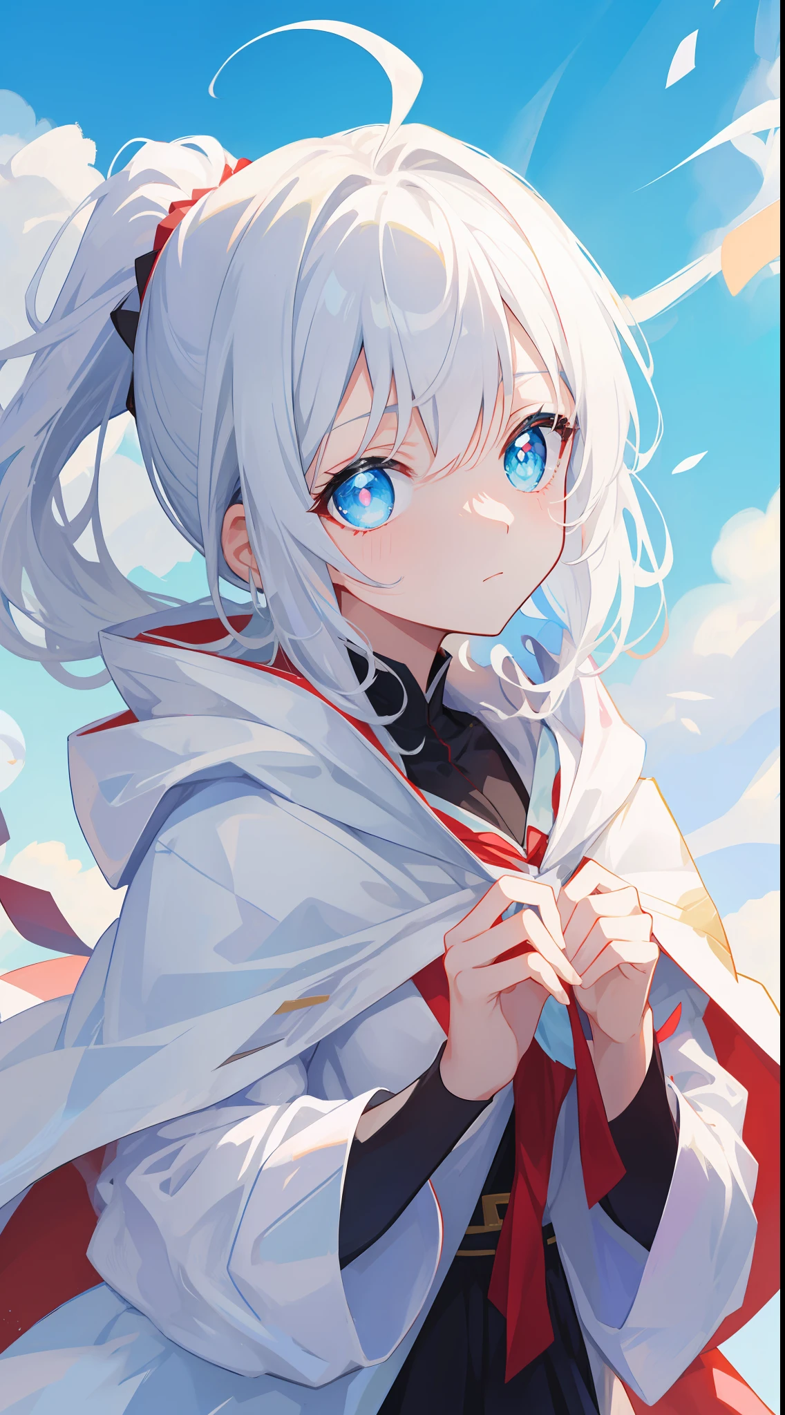 Anime characters with white hair and blue eyes, anime visual of a cute girl, Anime moe art style,Girl with short white hair, Shoujo white hair young anime girl, official character art,White hooded cape，White robe，teens girl，Gray hair sky blue gradient，red hairband，Heterochromic pupils，tilts your head，face expressionless,underage，flatchest，apathy，Short ponytail hair，