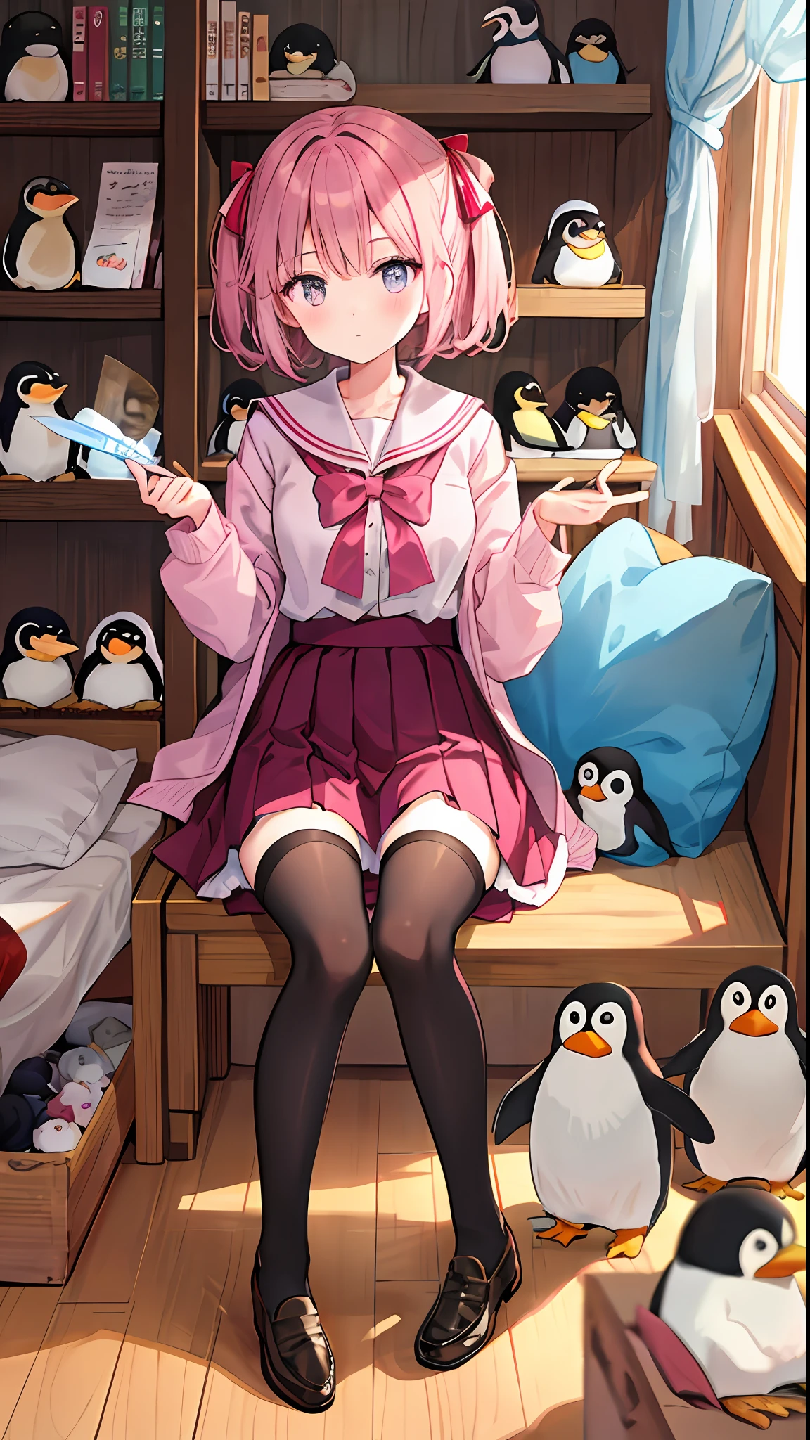 nodokaharamura, 1girl, solo, Pink mid-hair, Red ribbons, 校服, Stockings, Loafer shoes, Penguin specimens, inside in room, sitted, Holding penguin specimens,