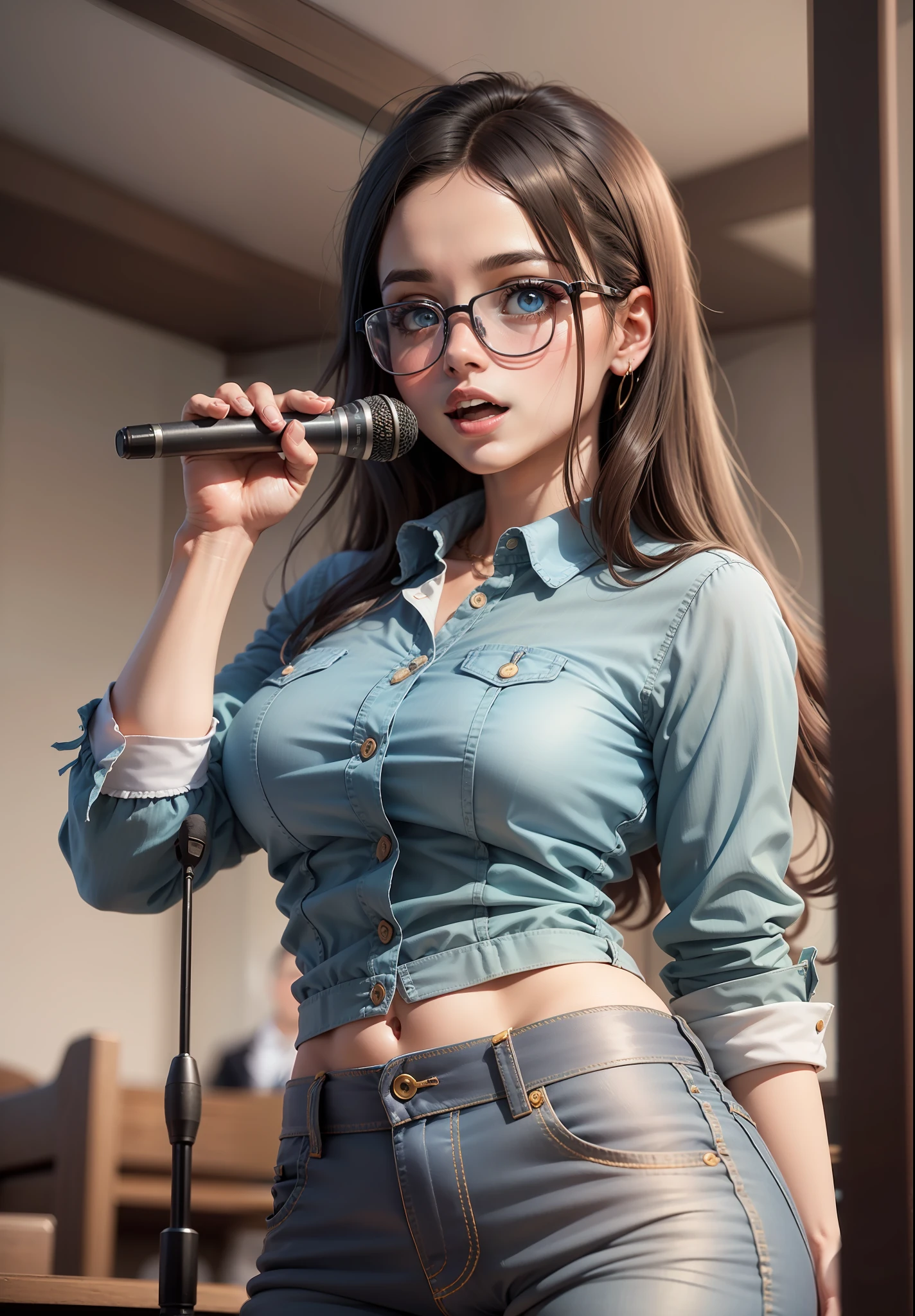mulher latina, muito magra, pele bronzeada, sorrindo, wearing prescription glasses, camisa branca, jaqueta jeans azul, saia azul longa, with a microphone in hand singing inside an Adventist church, Pose para foto, Foto de Stock, Directed by: Emma Andijewska, Directed by: Jakob Gauermann, igreja, foto de alta qualidade, mid portrait, foto tirada, Fotografe o conjunto, high resolution photo, Religion, amizade, muito expressivo, Anime realista, desenhado, 4k