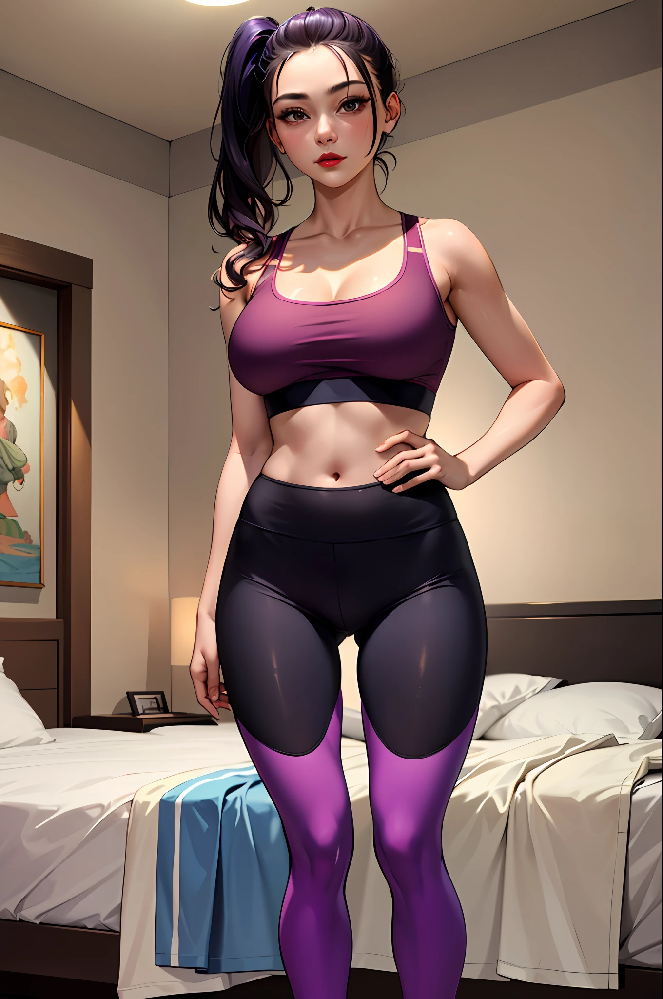 (masterpiece:1.4)、(top-quality:1.4)、
1girl in, Sports bra and purple sports leggings、arm sleeve、big breasts in both hands, length hair, looking at the viewers, Bedroom, 独奏 ,realisitic,(shinny skin),(masterpiece:1.4),(top-quality:1.4),red-lips