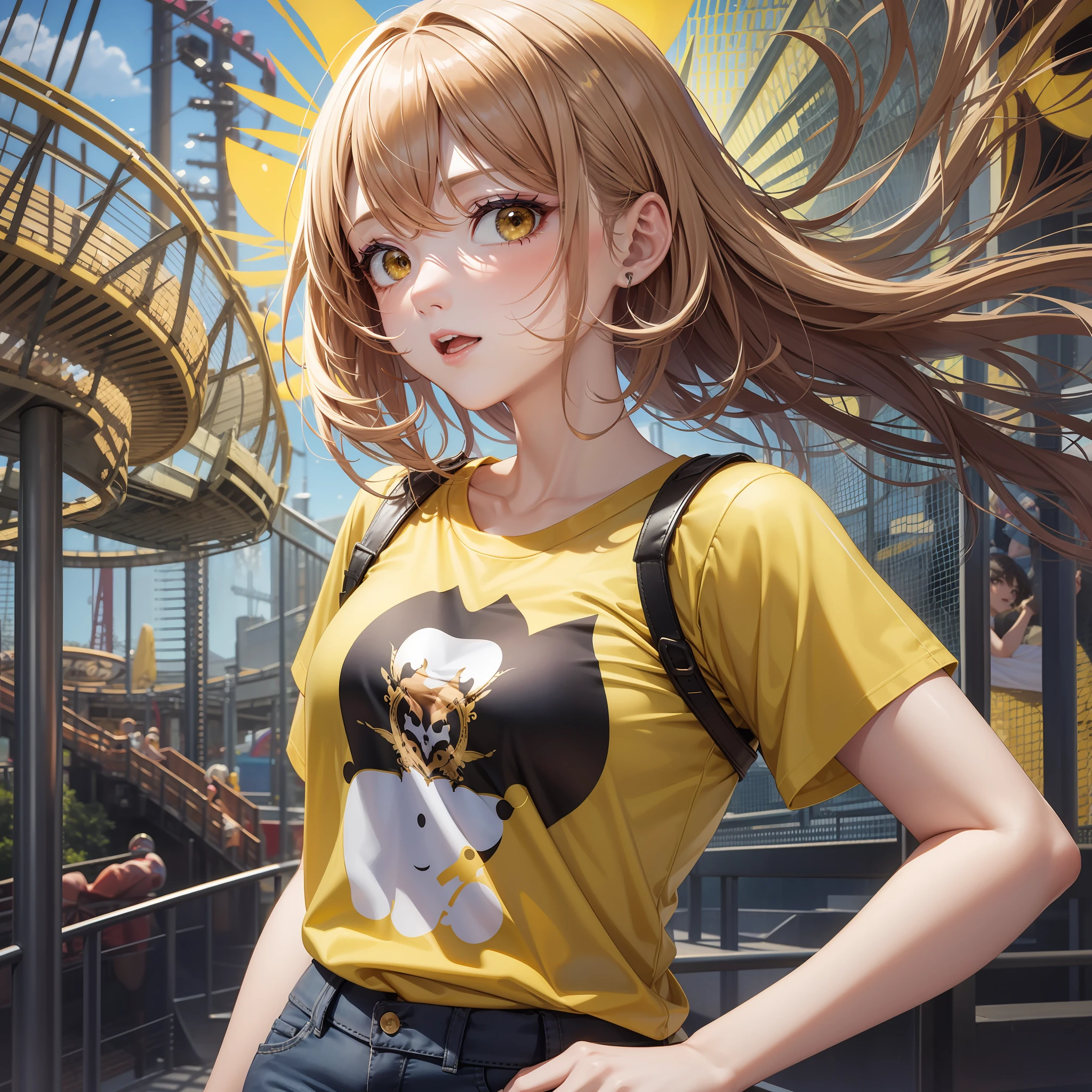 Yellow T-shirt，cabelos preto e longos，Ultra shorts，In the amusement park，Upper body diagram
