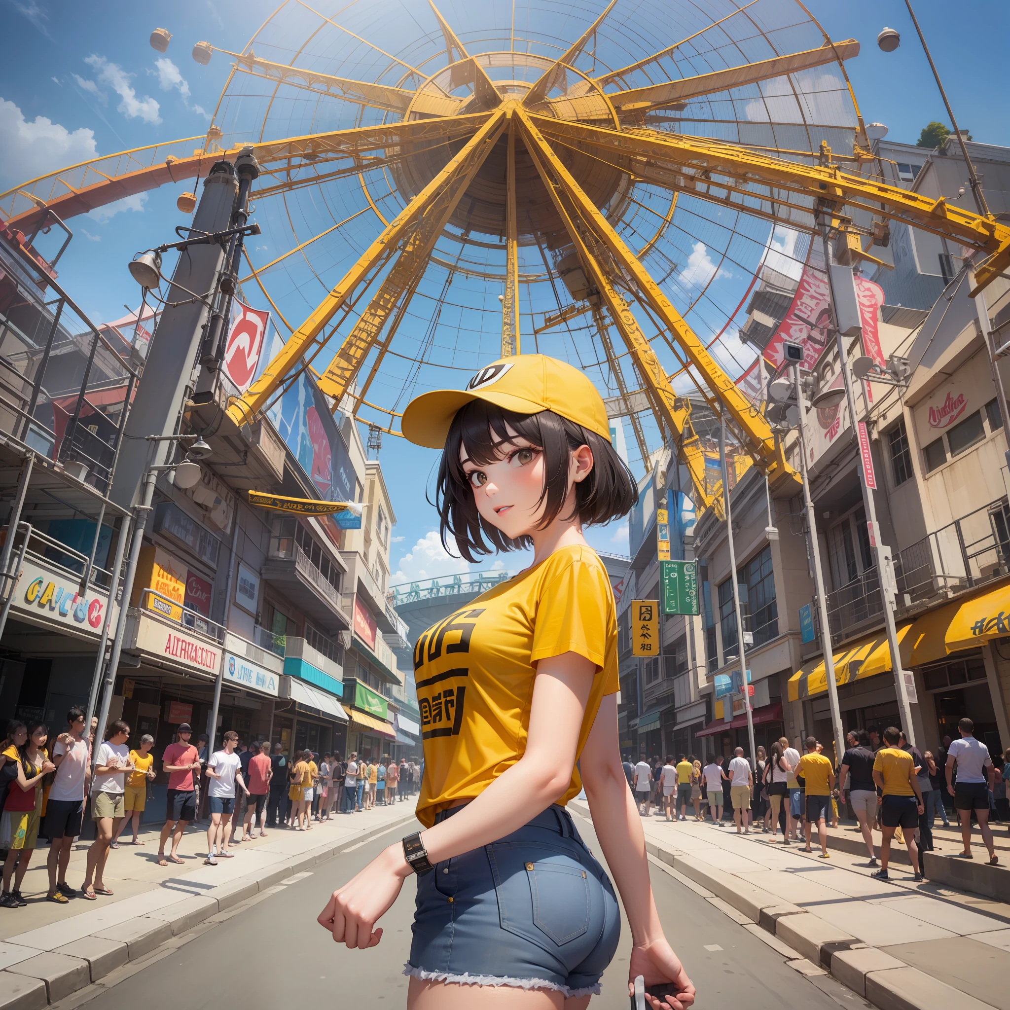 Yellow T-shirt，cabelos preto e longos，Ultra shorts，In the amusement park，Upper body diagram