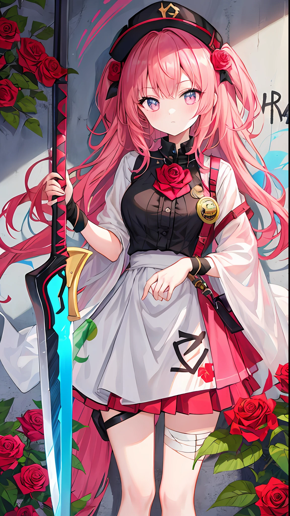 (Golden Ratio: 1.2), (Rose Graffiti: 1.2), (Fault Color: 1.3) Masterpiece, Girl, Pink Hair, Long Hair, Bandage, Greatsword, Badge, Cute