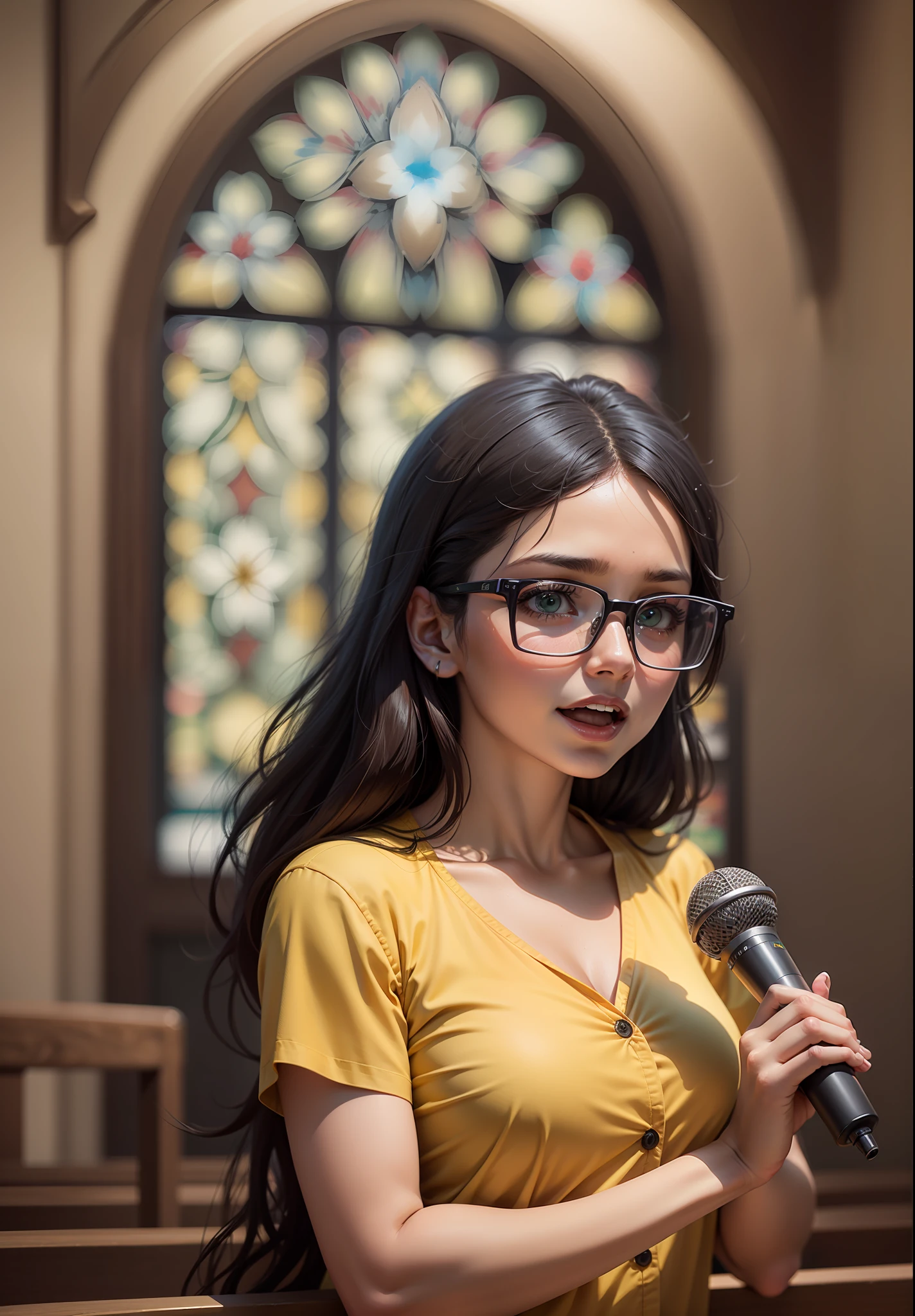 mulher latina, pele bronzeada,, sorrindo, wearing prescription glasses, camisa branca, saia verde longa, with a microphone in hand singing inside an Adventist church, Pose para foto, Foto de Stock, Directed by: Emma Andijewska, Directed by: Jakob Gauermann, igreja, foto de alta qualidade, mid portrait, foto tirada, Fotografe o conjunto, high resolution photo, Religion, amizade, muito expressivo, Anime realista, desenhado, 4k