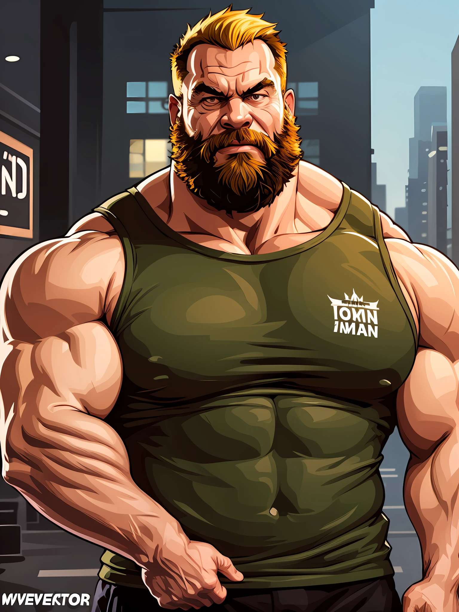 a portrait big muscular old man standing wearing tank top, half body, , mwvector, city background, bodybuilder, strongman, detailed muscle, yellow hair, big arm