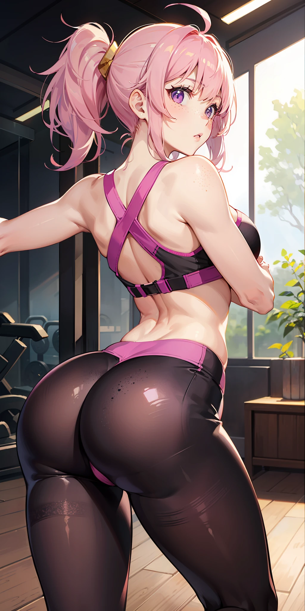 female, cute face, beautiful, perfectly cute, pink hair, messy hair, disheveled hair, (side ponytail:1.3), short hair, light freckles, purple eyes, yoga shorts, perfect ass, from behind, round ass, wide hips, hip line, back line, legs open, yoga pose, yoga bra, skin tight clothes, gym, medium breasts, (skinny:1.3), narrow waist, hexagon pattern