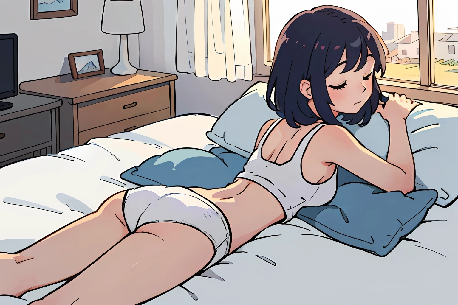 (masterpiece, best quality:1.2), perfect anime illustration of 1girl lying on bed, on stomach, sleeping, white panties, white crop top, bedroom, morning, sunlight, best shadows, best lighting, absurdres, trending on artstation