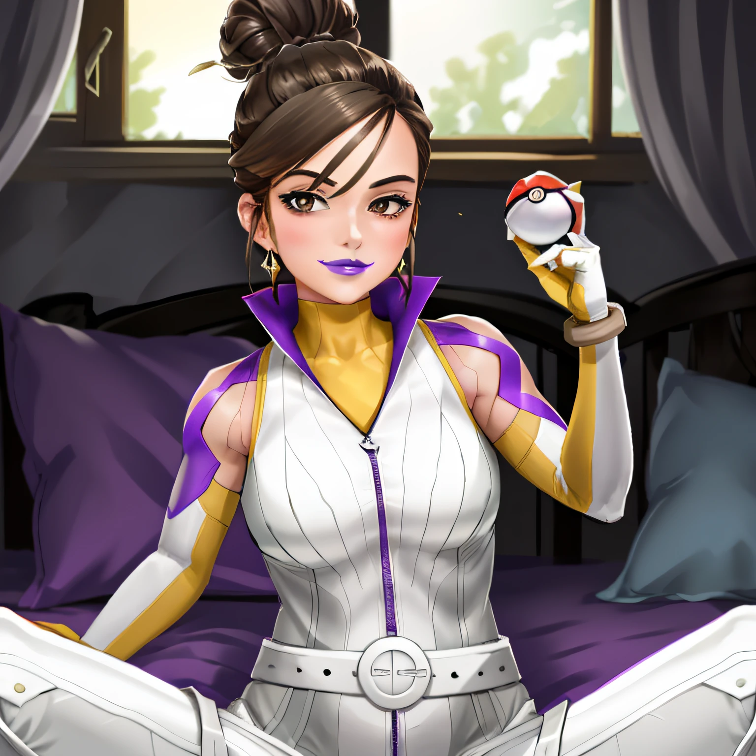 masterpiece, best quality, highly detailed, 1girl, solo, solo focus, sierrago,
smirk, sitting, purple lips, lipstick, hair bun, hair pin, brown eyes, (holding:1.3), poke ball, poke ball (basic), holding poke ball, (bodysuit:1.4), (white pants:1.3),
bed, bedroom, window, (upper body:1.3), blush, from below,