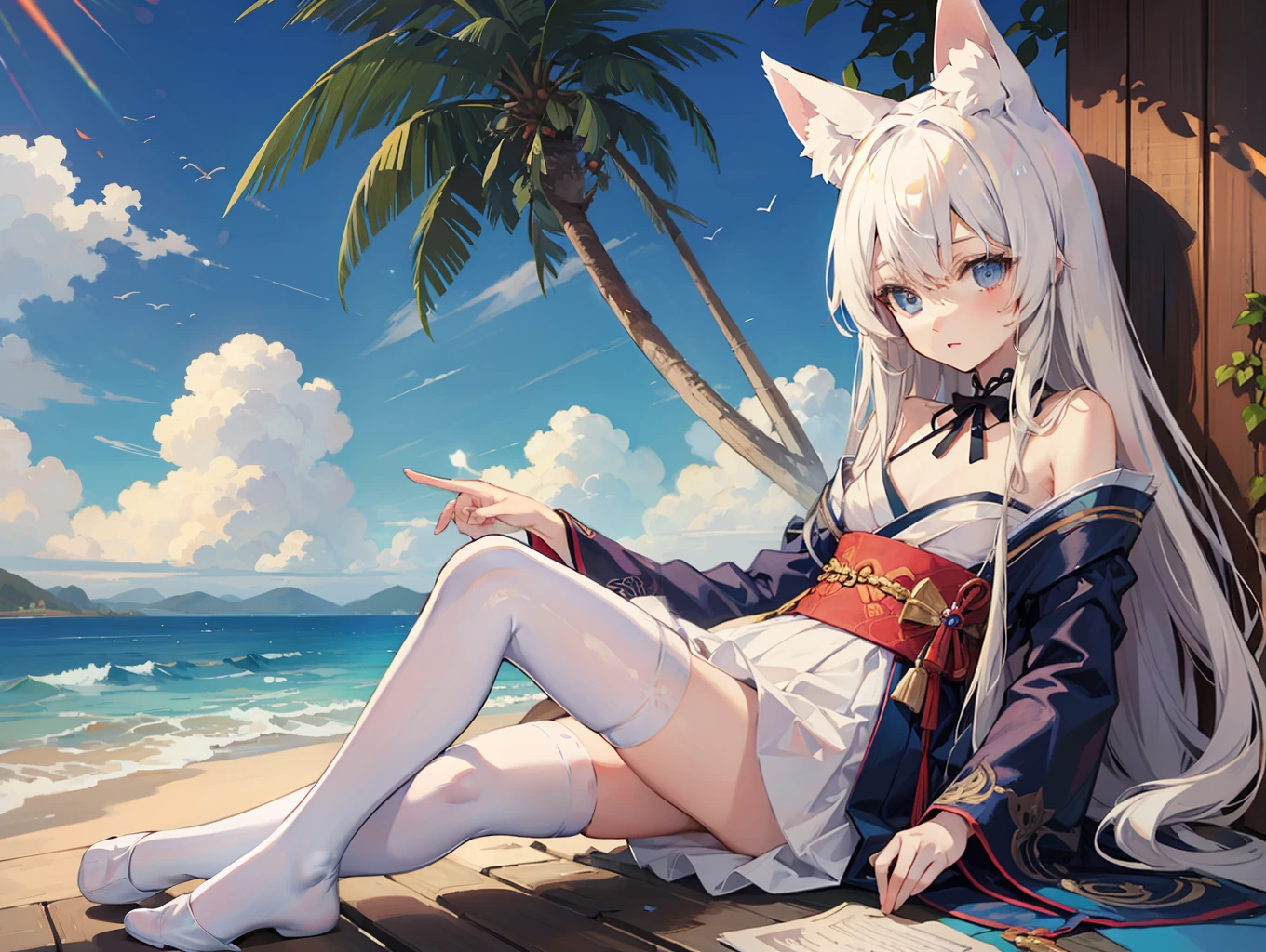 The pale blonde haired loli was lying on her side，Wear white stockings，Has flat fox ears，wearing kimonos，high high quality，tmasterpiece，Detailed landscapes，The characters are meticulous