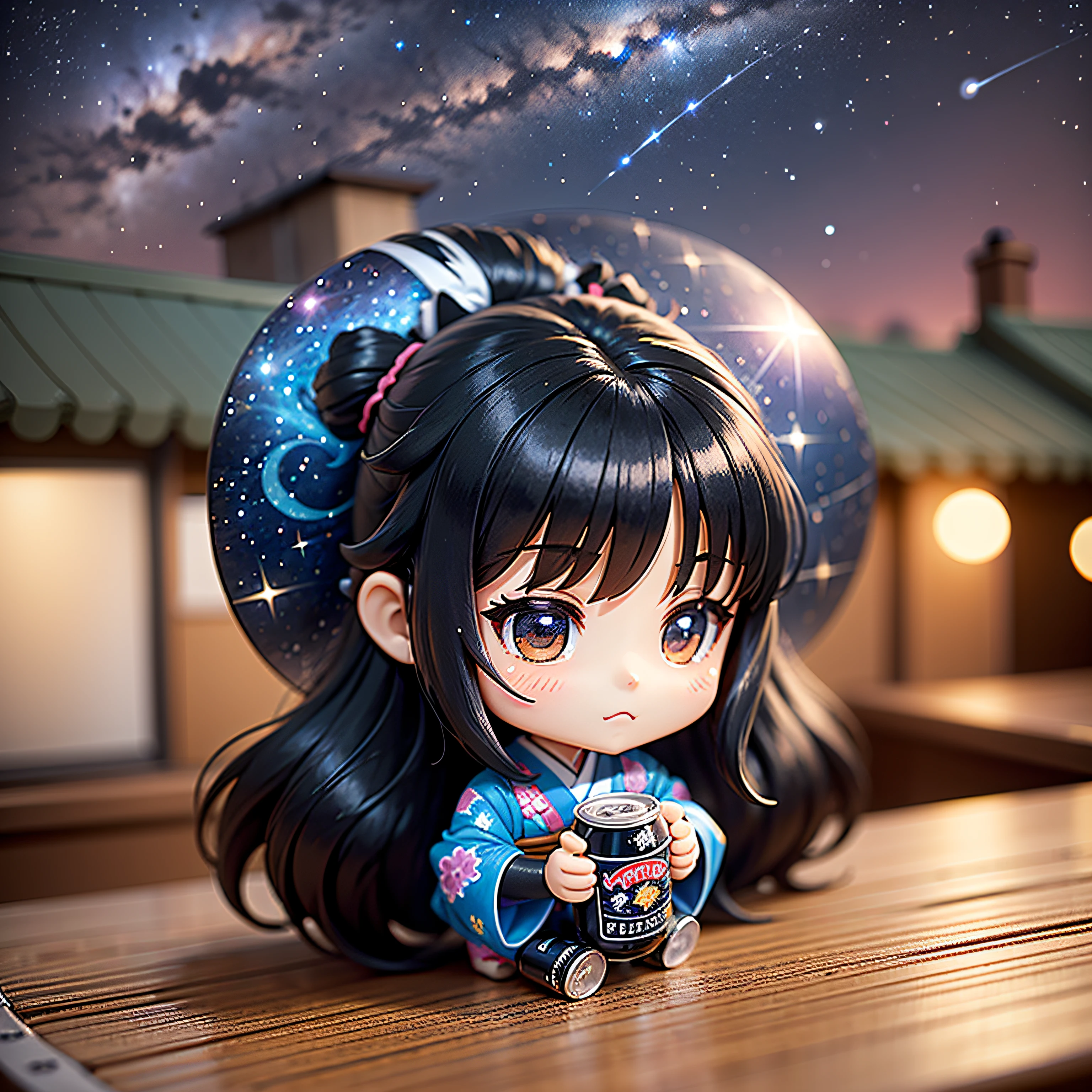 Blind Box Figure、Noodle stopper、nendoroid、A beautiful girl with long black hair in a kimono who works in a beer garden on the rooftop、Long-haired beautiful girl clerk in an enthusiastic apron、The background is the Milky Way and shooting stars on the moonlit night