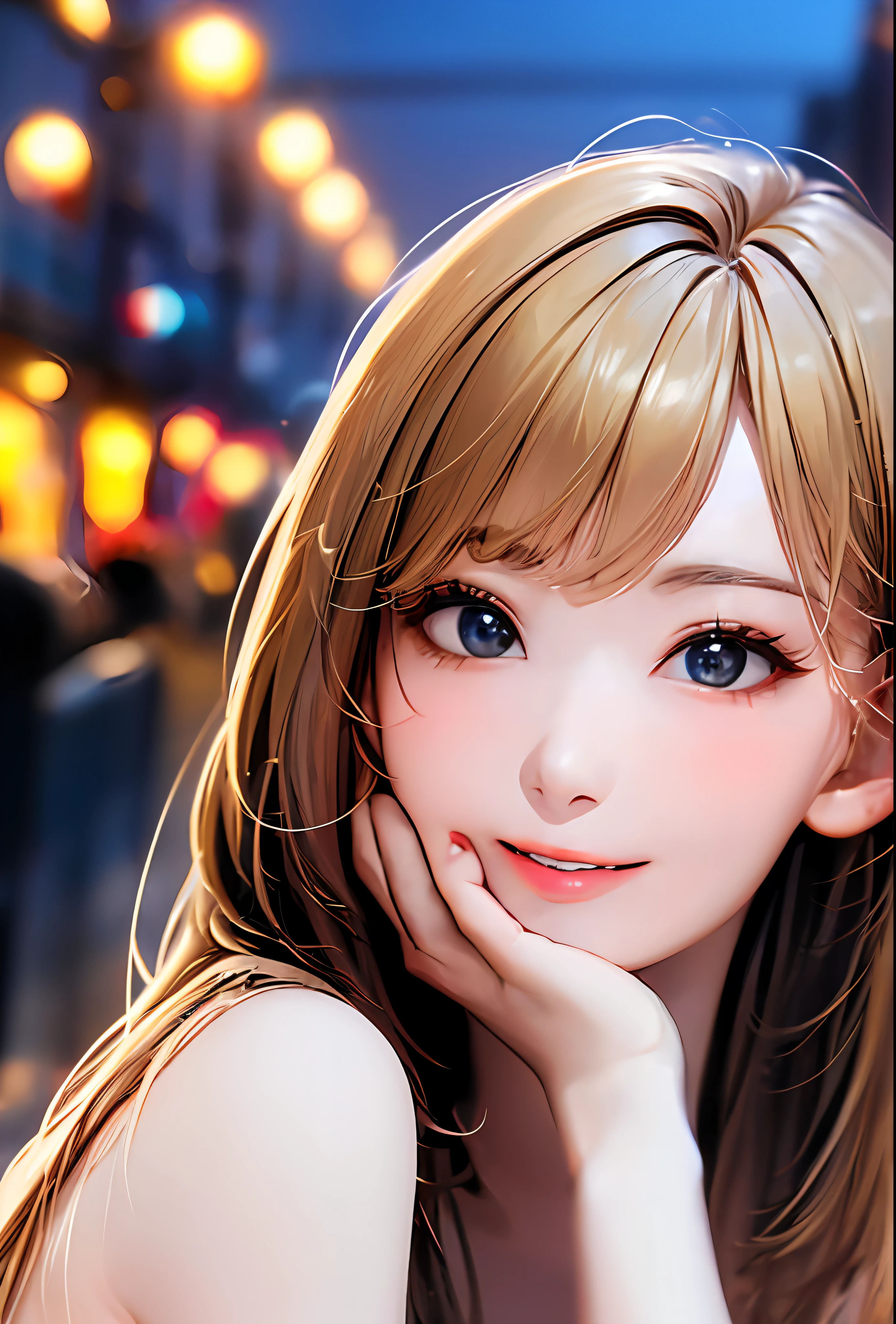 (in 8K、top-quality、masterpiece:1.2)、(realisitic、Photorealsitic:1.37)、高精細CG統合8K壁紙、(HQ Skin:1.8、shiny skins)、8KUHD、Digital SLR、Soft lighting、hightquality、Film grain、FujifilmXT3(Professional Writing:1.6)、ultra-detailliert、 1 人、cute little、独奏、mid night、Beautiful detailed sky、Detailed Cafe、sitting on、date、(Nasal blush)、 (smile1.15)、(Keep your mouth shut)small tits、beautiful tbig eyes、Floating Hair NovaFrogStyle、