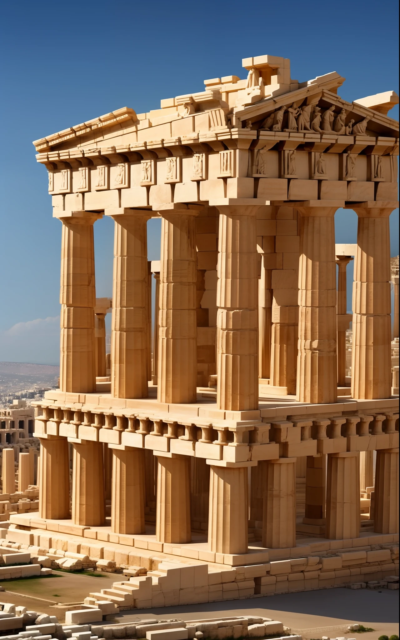 The Parthenon: Craft an intricate portrayal of the Parthenon, the ancient Greek temple atop the Acropolis in Athens, capturing its majestic columns and sculptural friezes.