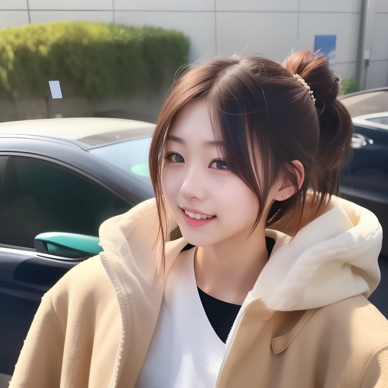 She is an 18-year-old girl，She is also a girl I like。Her hairstyle is a bit like short hair，But the back is divided into two sides，Be aware of，Not a double ponytail。The face is very white，There are few reddish acne。Love to laugh，It's fun to laugh。She is 160cm tall。She likes to wear white，Add a beige coat over the outside。