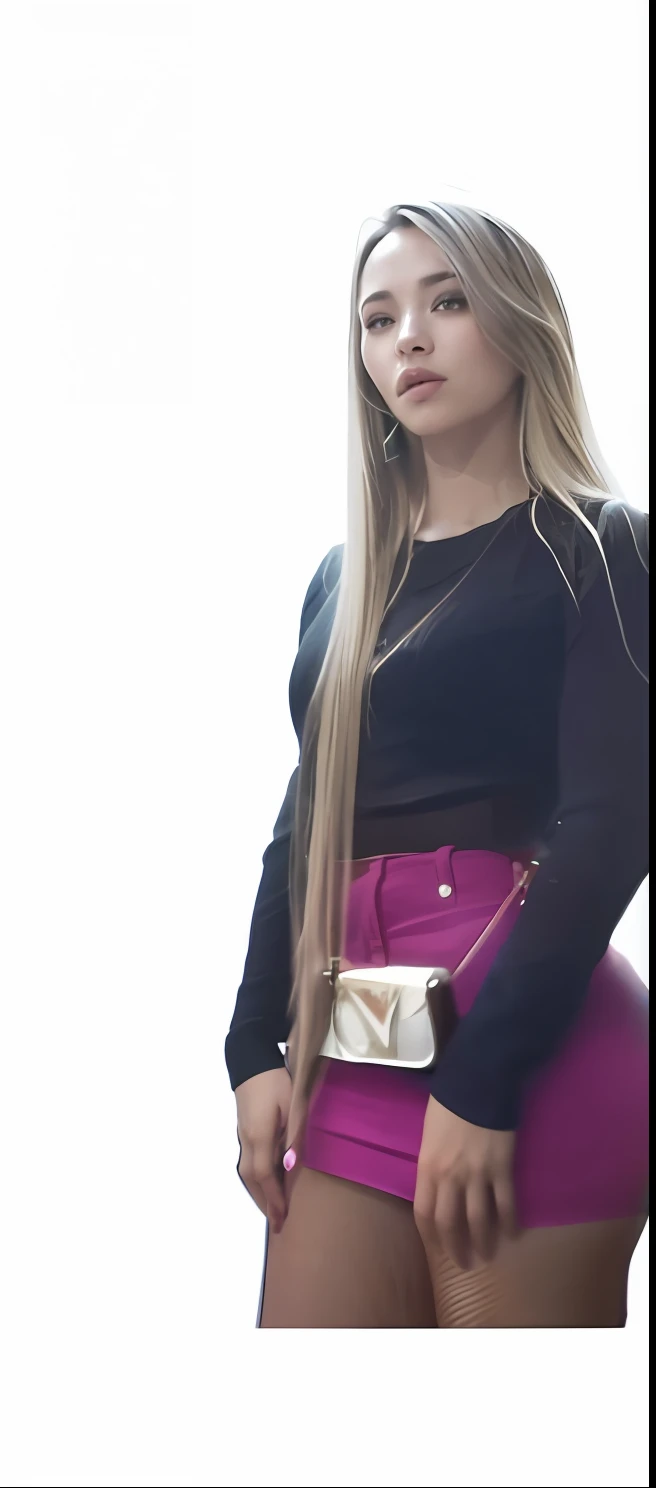 um close up de uma mulher de saia curta e cinto, cabelos loiros absurdamente longos, cabelos loiros extremamente longos e grossos, com longos cabelos loiros, cintura cabelo comprido, roupa apertada, thicc, her hair is long and straight, tiny waist, tiro do meio cintura para cima, com cabelos loiros muito longos, traje apertado, grosso, big booty, cintura - tiro --auto