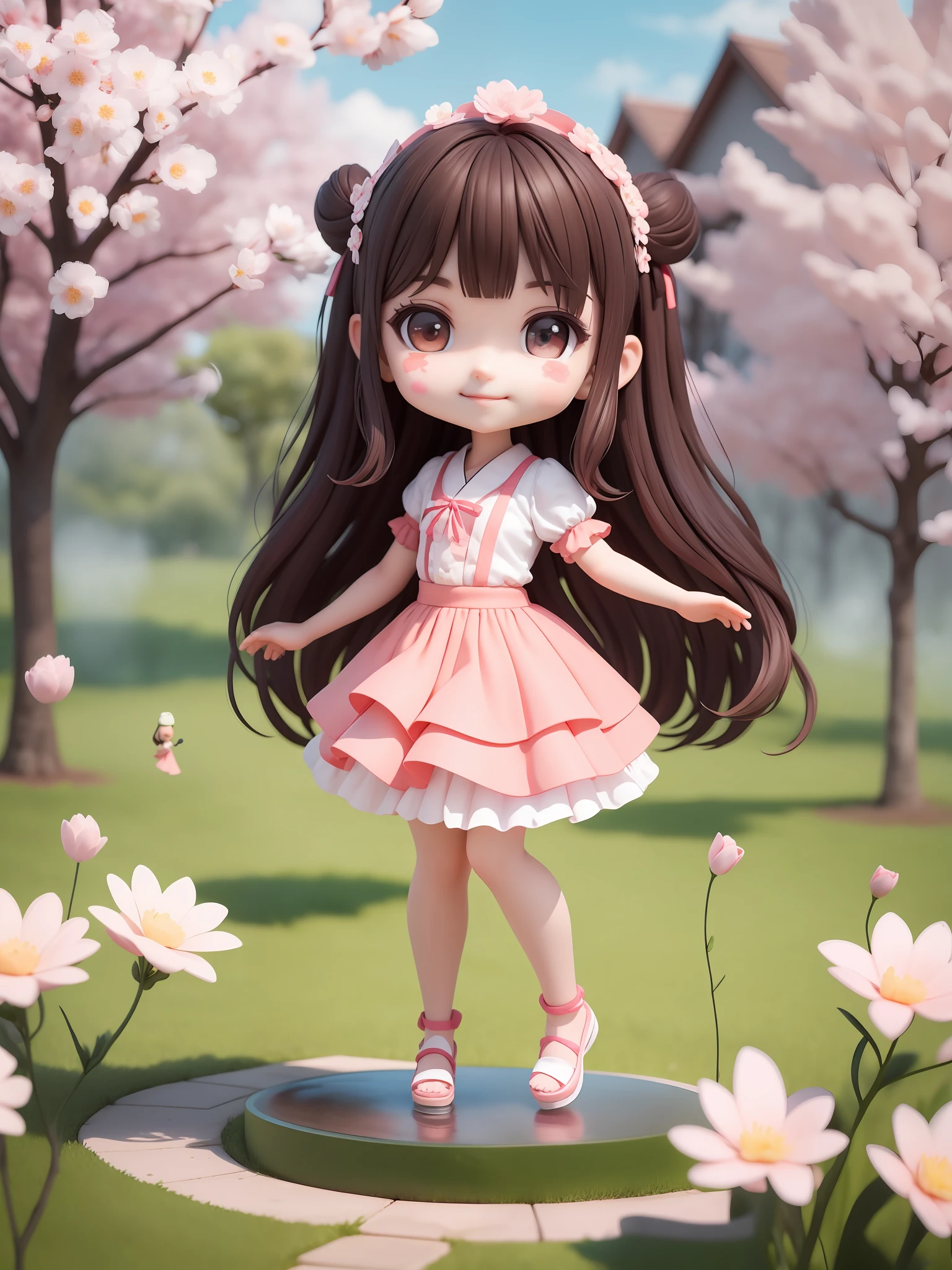 (Daisaku), (Excellent), (Super Detailed), (Full Body: 1.2), 1girl, Chibi, Cute, Smile, Flower, Outdoor, Garden, Dancing, Long Legs, Blush, Tree, :3, Long Hair, Cherry Blossoms, Misty, Brown Hair, Blush Sticker, Skirt, Bangs, Black Hair, Pink Flower, (Beautiful and Delicate Face), (Beautiful and Delicate Eyes),